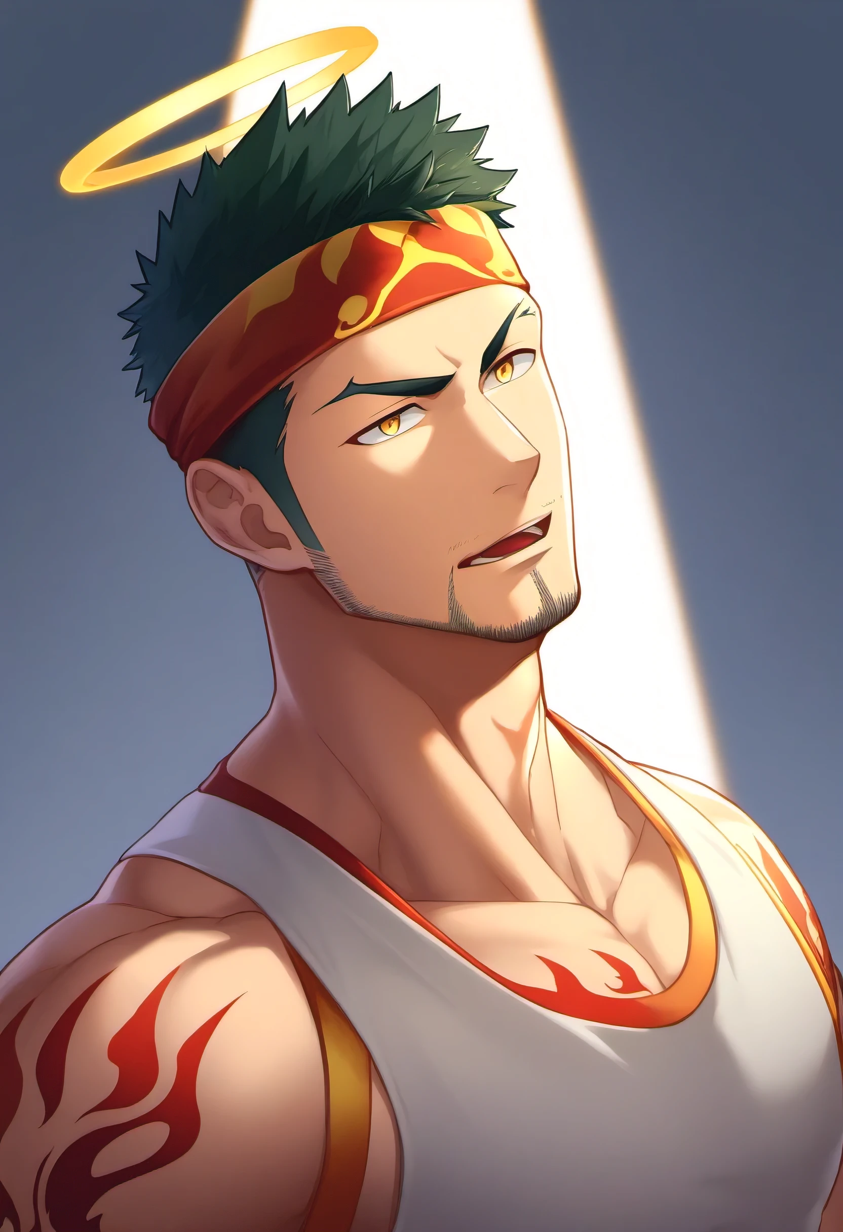anime characters:Guy, priapus, 1 muscular man god, Flame tattoo, Sport red headband, Cream spandex tank top, muscular male, muscular, only, Upper body, alone, 黑色short hair, thick eyebrows, stubble, yellow eyes, White background, Simple background, amazing quality, best aesthetics, ridiculous, bright pupils, short hair, naughty face, torogao, open lips, halo, divine light, shadow, best quality