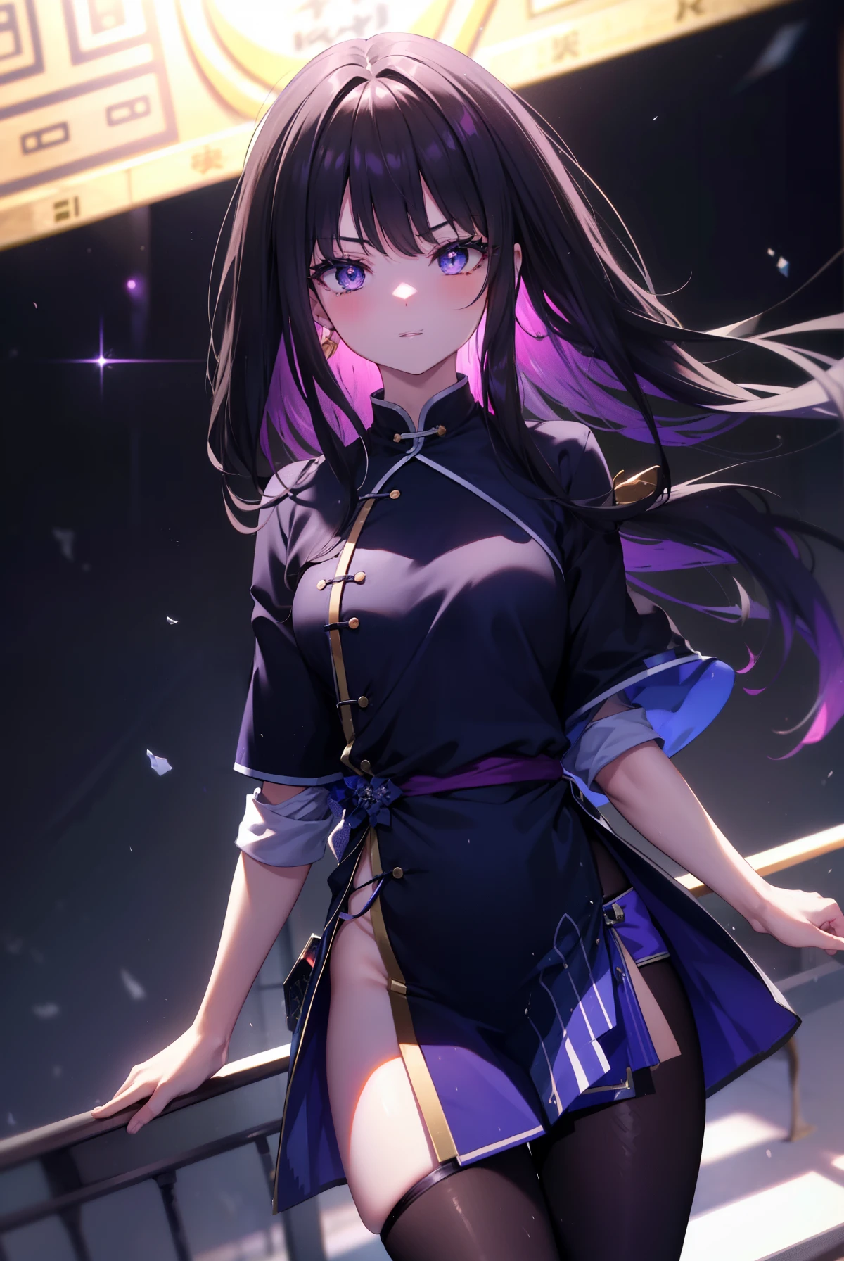 Takiuchi Kame, check it out, long hair, bangs, black hair, (purple eyes:1.2),serious,smile,blush,open your mouth,blue cheongsam,blue china slit,black tights,stiletto heels,
break oudoors, In town、路地裏
break looking at viewer, (cowboy shot:1.5),
break (masterpiece:1.2), highest quality, High resolution, unity 8k wallpaper, (figure:0.8), (detailed and beautiful eyes:1.6), highly detailed face, perfect lighting, Very detailed CG, (perfect hands, perfect anatomy),
