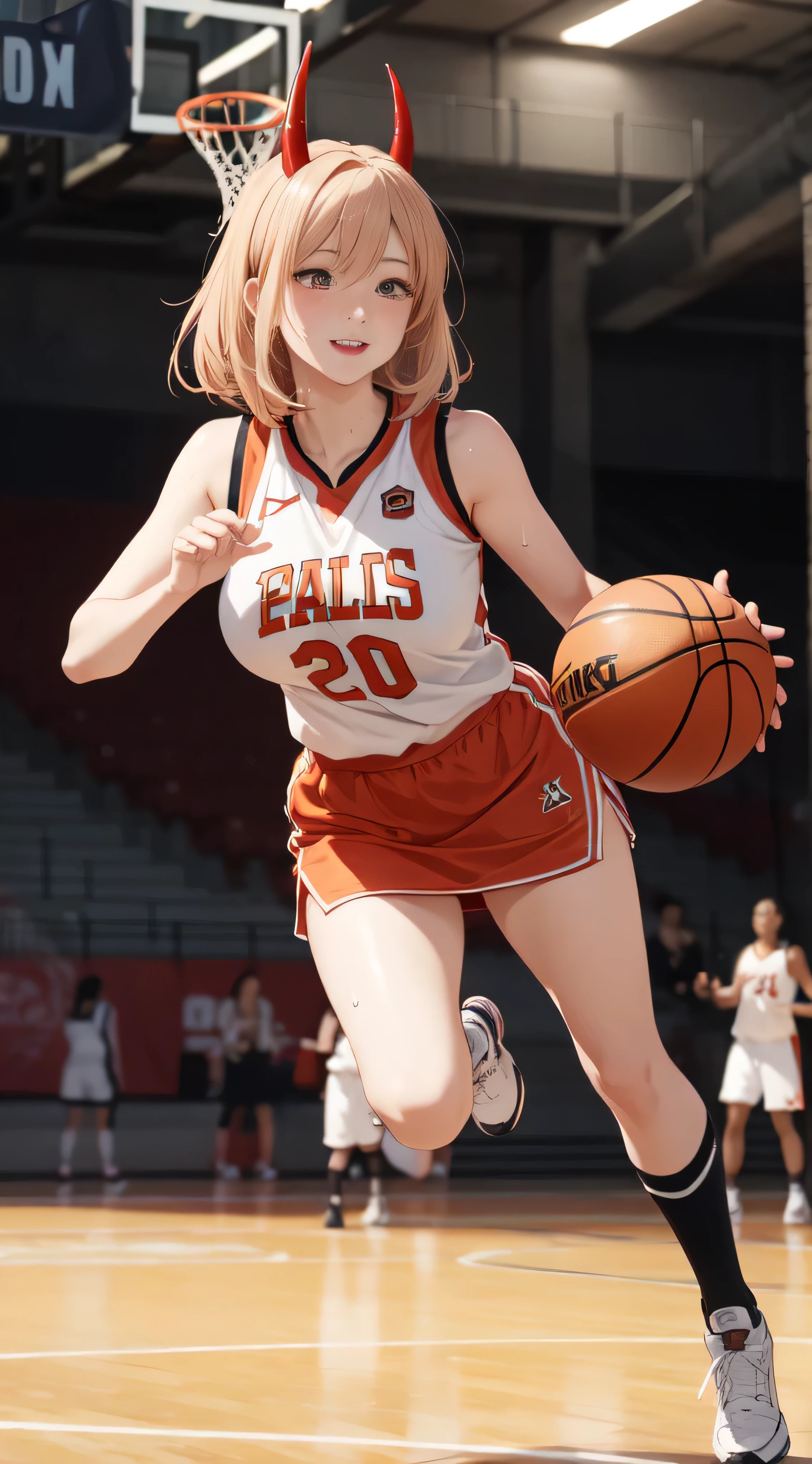 ((masterpiece, Best Quality, high resolution, Perfect Pixel, 8K))), 1 girl、slim thighs、full body seen、 ((Bangs、Two red horns、Blonde gorgeous hairs))、((Gorgeous orange eyes、Beautiful eyelashes、Realistic eyes))、 ((Detailed face, Blushing:1.2))、((Smooth texture:0.75, Realistic texture:0.65, Photorealistic:1.1, Anime CG style))、Dynamic Angle、Perfect body、(Women Sports skirt、Jumping、Background Basketball court、Playing basketball、Basketball uniform)、Perfect realistic representation of face、(no-bra)、beautiful portrait、very High quality、ultra high definition、 insanely detailed face、ultra high quality、ultra high clarity、best quality)、insanely detailed dress、realistic representation of a face、curvy body、shoes、white skin、Playing basketball、best image quality、best clarity、 highest resolution、8k resolution、ultra high resolution、beautiful smile、beautiful eyelashes、beautiful face、gorgeous representation of a face、curvy body、perfect body、viewer seen from front、full body posture、erect through、erotic face、glistening sweat、dynamic lightning、perfect body、dynamic lightning、 (innocent_big_eyes:1.0)、Bright_Front_face_Lighting、shiny skin、bokeh:1.2、Full body shot、professional photograph、(Beautiful,large_Breasts:1.4)