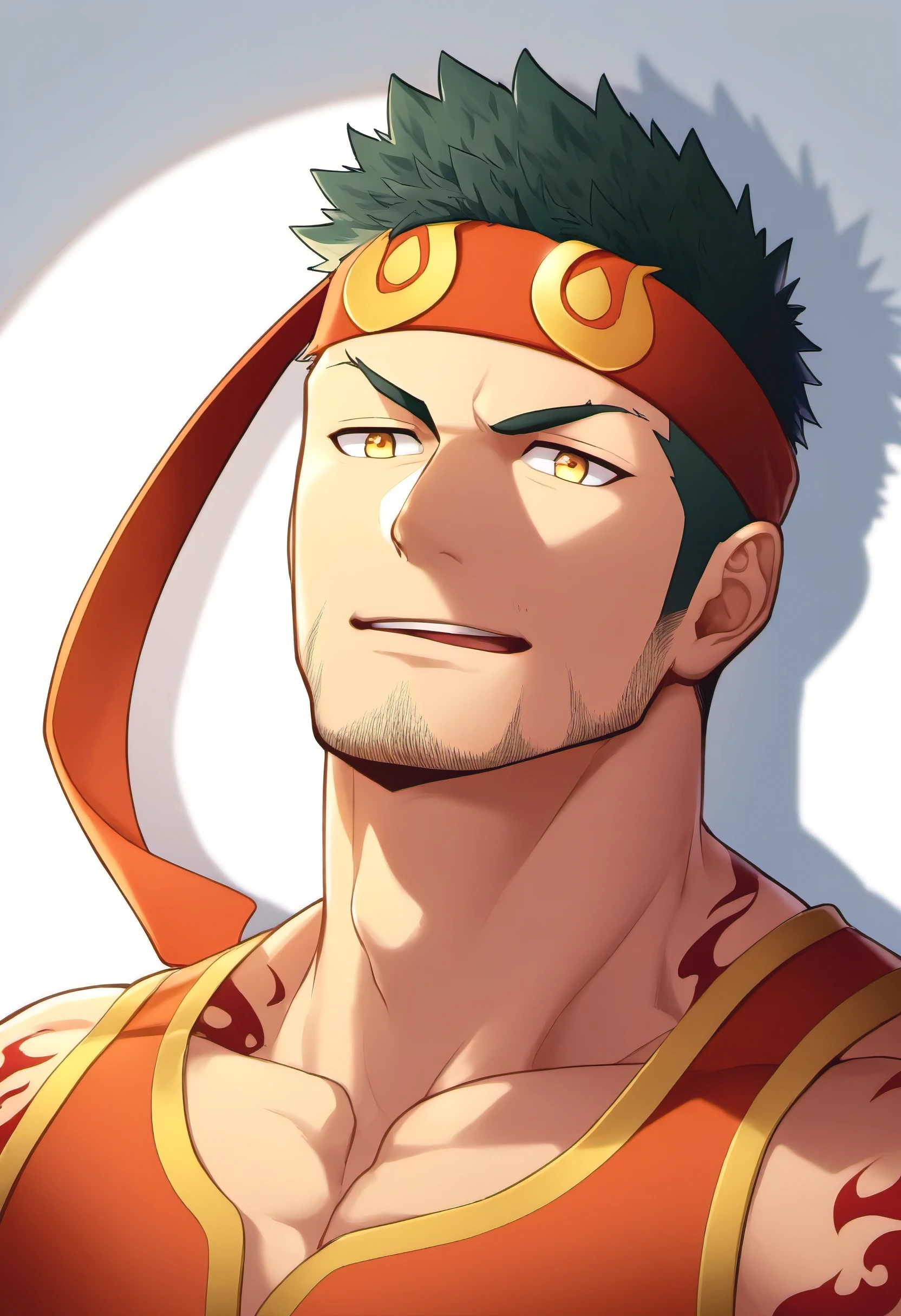 anime characters:Guy, priapus, 1 muscular man god, Flame tattoo, Sport red headband, Cream spandex tank top, muscular male, muscular, only, Upper body, alone, 黑色short hair, thick eyebrows, stubble, yellow eyes, White background, Simple background, amazing quality, best aesthetics, ridiculous, bright pupils, short hair, naughty face, torogao, open lips, halo, divine light, shadow, best quality