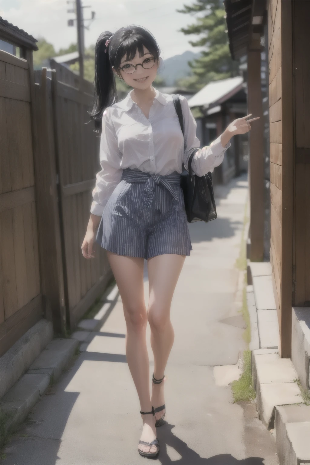 ((wide angle, full body)) beautiful female tourist, black hair tied in a ponytail, bangs, wearing large glasses, smiling at the corners of the mouth, ((wearing a preppy style outfit)) morning light, Shirakawa-go Japan