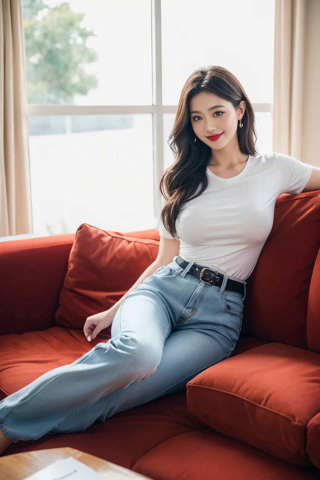Draw lips correctly, red lipstick, from ????? up, best quality, Super detailed, lifelike, Super fine skin, perfect ???????, (1 日本Mature的女人), (alone)，Wear a red crew neck shirt，short sleeves，blue jeans，trousers，black belt，wavy long hair，37-year-old female，Mature，charming smile，Large living room background：Luxurious large sofa、flower，stand，Leg length，Chubby body，???????????，Sitting on the sofa，full-body shot