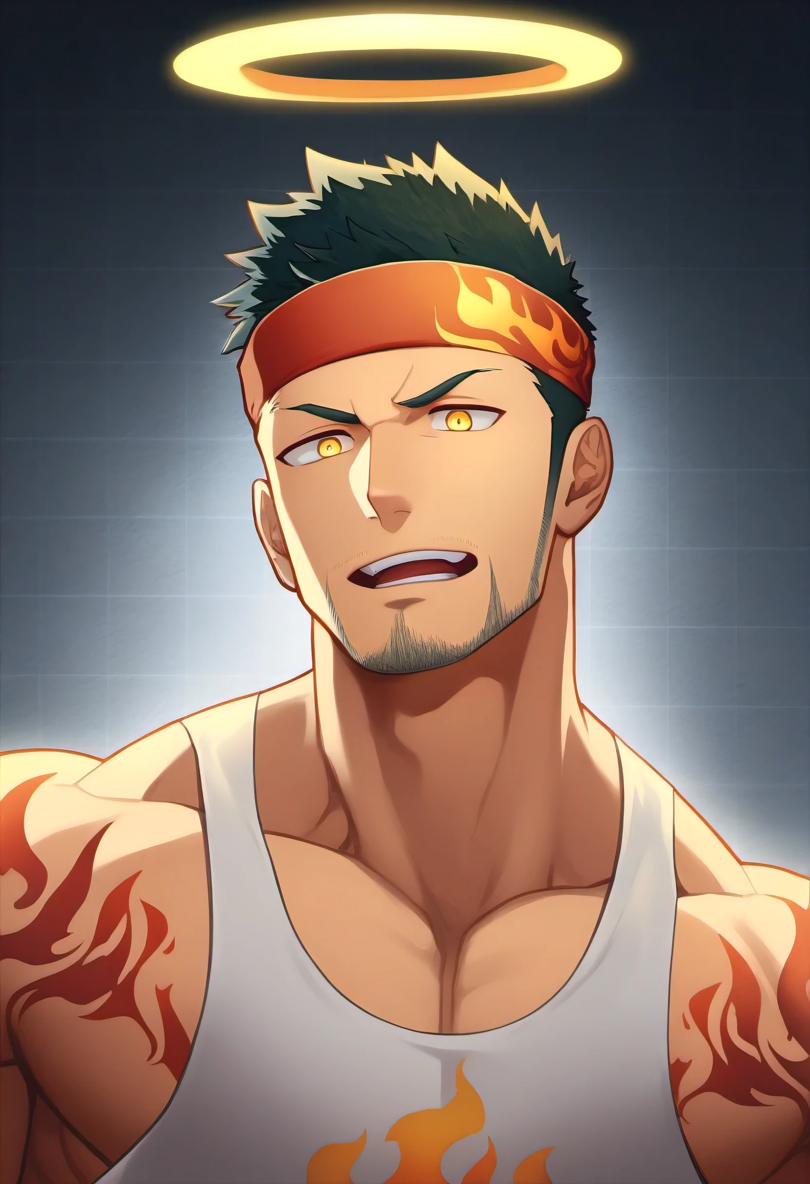 anime characters：Guy, priapus, 1 muscular man god, Flame tattoo, Sport red headband, Cream spandex tank top, muscular male, muscular, only, Upper body, alone, 黑色short hair, thick eyebrows, stubble, yellow eyes, White background, Grid background, Simple background, amazing quality, best aesthetics, ridiculous, bright pupils, short hair, naughty face, torogao, open lips, halo, divine light, shadow, best quality