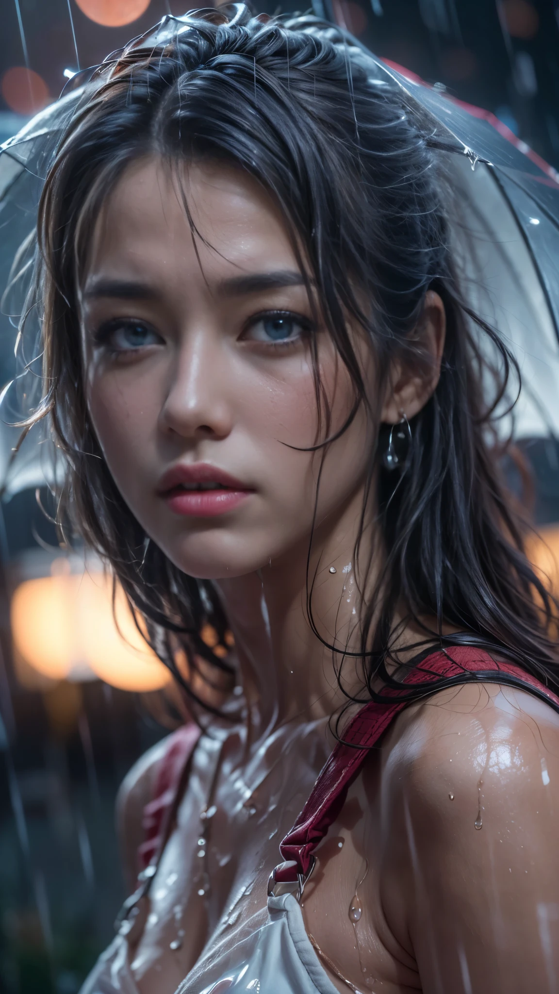 (RAW shooting, Photoreal:1.5, 8K, highest quality, masterpiece, ultra high resolution), perfect dynamic composition:1.2, Night street corner of a modern city, cry:1.3, (((Typhoon heavy rain))), Highly detailed skin and facial textures:1.2, Slim office lady wet in the rain:1.3, sexy beauty:1.1, perfect style:1.2, beautiful and aesthetic:1.1, Fair skin, very beautiful face, water droplets on the skin, (rain drips all over my body:1.2, wet body, wet hair:1.4, wet office skirt:1.2, wet office lady uniform:1.3), belt, (Medium chest, Bra is sheer, Chest gap), (expression of sadness, lovelorn, The expression on your face when you feel intense caress, Facial expression when feeling pleasure), (beautiful blue eyes, Eyes that feel beautiful eros:0.8), (Too erotic:0.9, Bewitching:0.9), cowboy shot, Shoulder bag, necklace, earrings, bracelet, clock