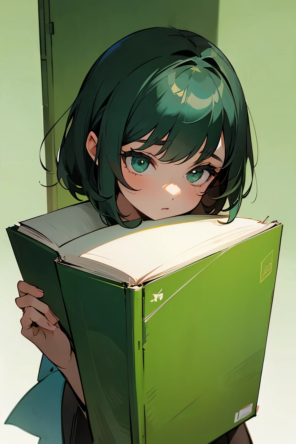 A quiet girl who loves books, and the background is entirely green.