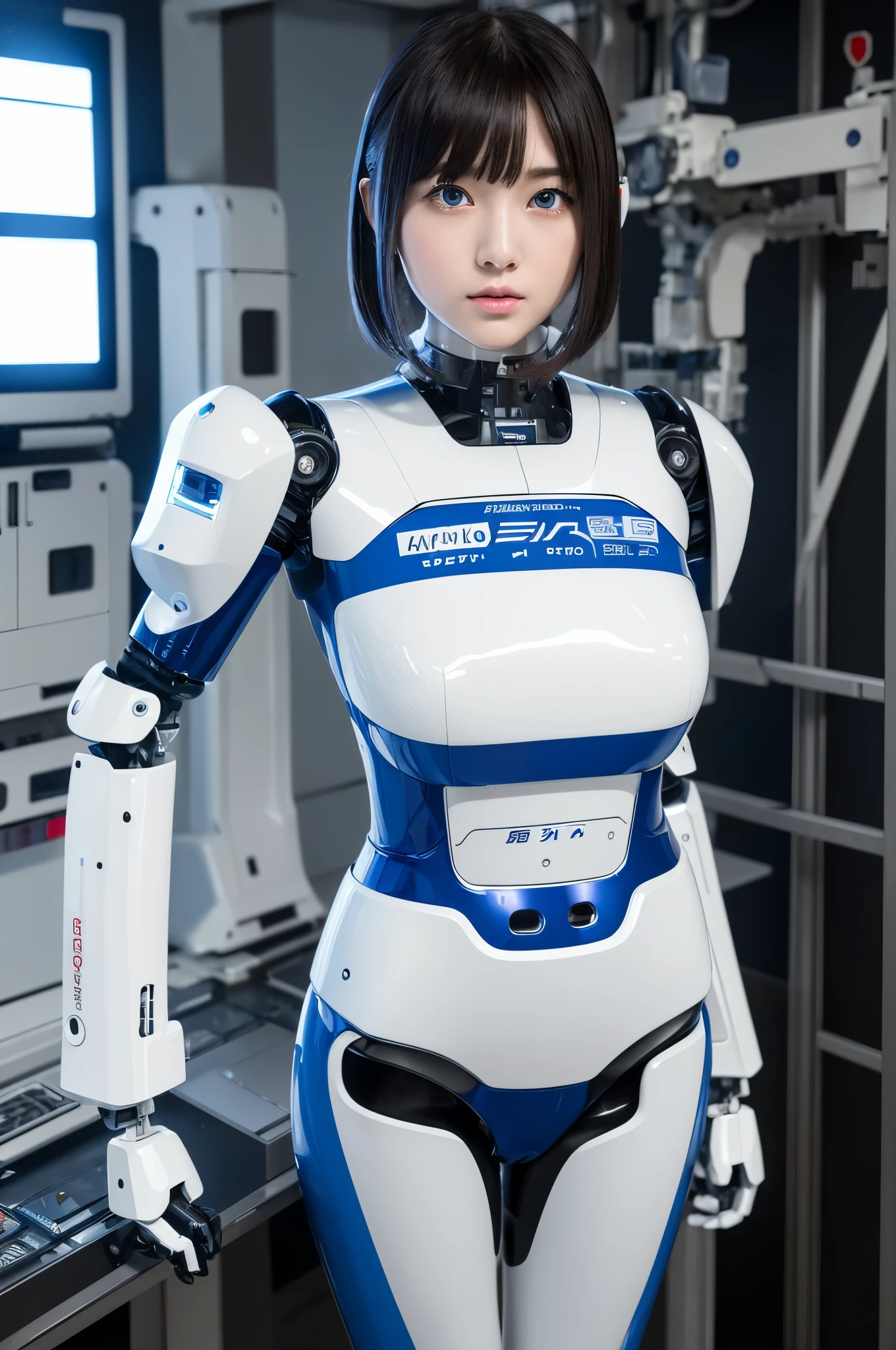 masterpiece, best quality, extremely detailed, Japanese android girl,Plump ,control panels,robot arms,robot,android,cyborg,white robot body,blunt bangs,robot repair plant,skinny pants,boots,blue eyes
