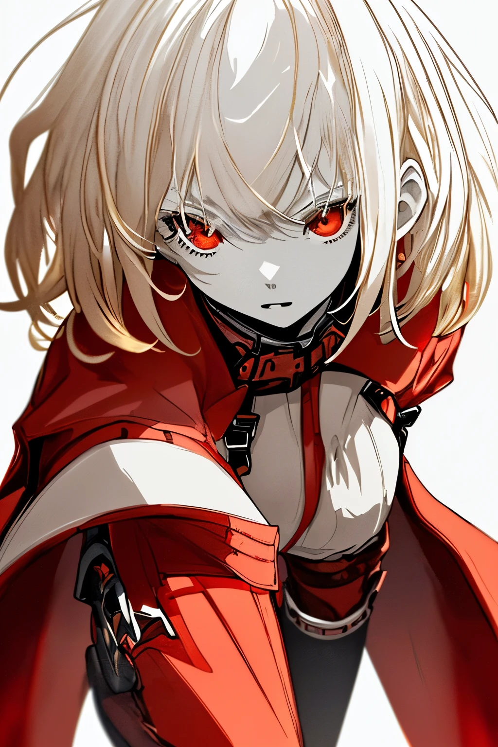 full body, (table top:1.2, highest quality),(beautiful and detailed face), high contrast, (best illumination, very delicate and beautiful), ((cinematic light)), dramatic light, intricate details,(pale white background:1.5), oversized red coat, put one's hand in one's pocket, blonde, red eyes, body harness, medium hair,