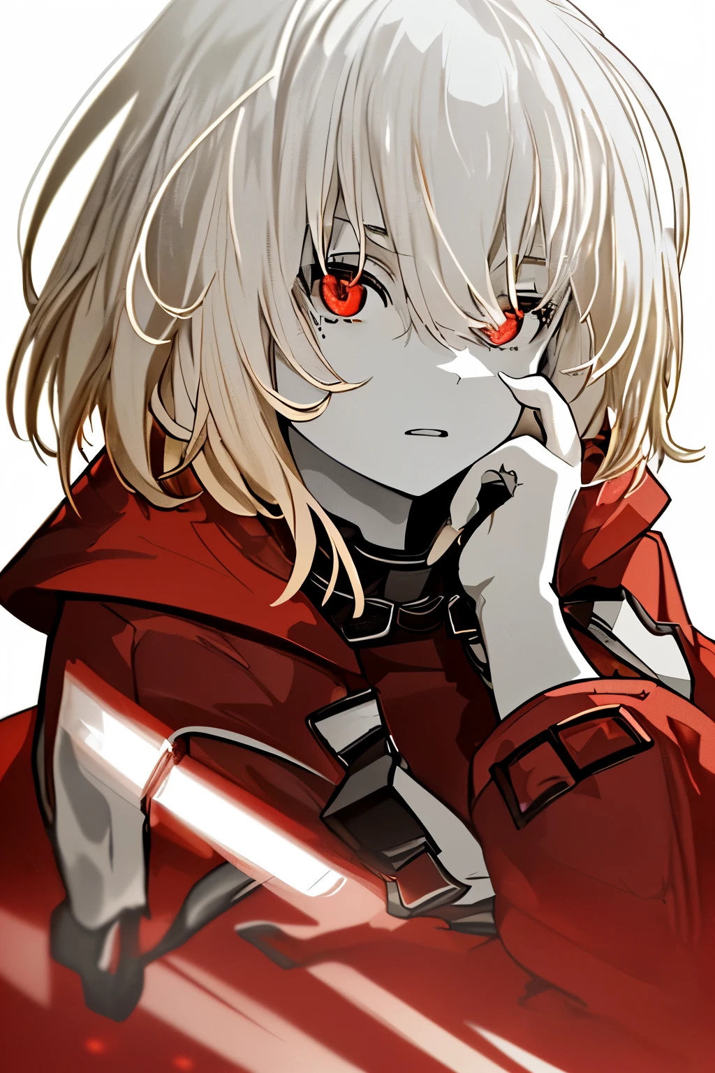 full body, (table top:1.2, highest quality),(beautiful and detailed face), high contrast, (best illumination, very delicate and beautiful), ((cinematic light)), dramatic light, intricate details,(pale white background:1.5), oversized red coat, put one&#39;s hand in one&#39;s pocket, blonde, red eyes, body harness, medium hair,