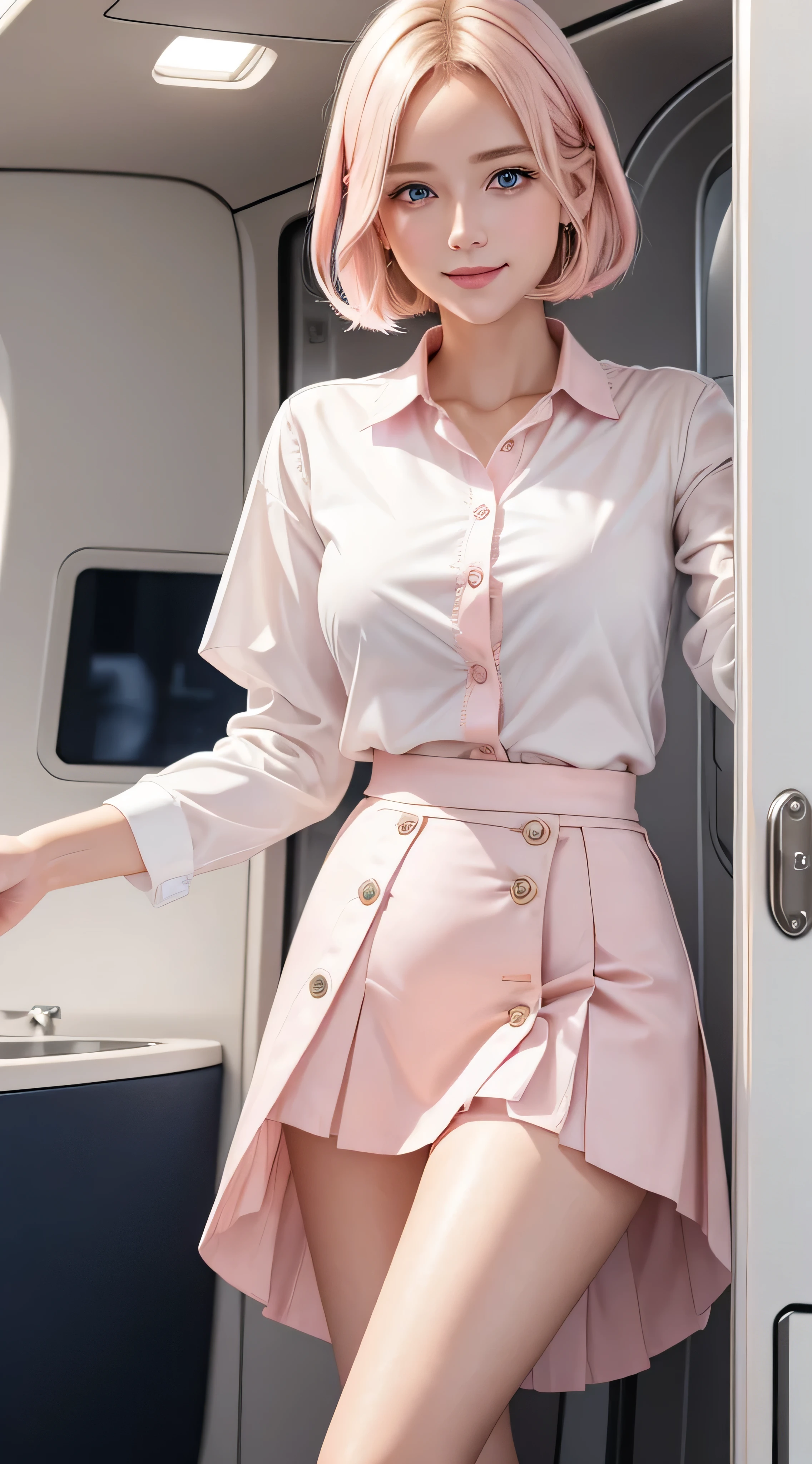 Young blonde with blue eyes and straight short hair、(elegant(white)Wearing Button shirt:1.2)、((light pink)long irregular hem skirt:1.2)、close the button、、ela esta sorrindo、she is showing her teeth、Cena noturna、melhor qualidade、obra-prima、8k、cinematic lighting、trabalho premiado.inside private jet、indoor、super detailed background,