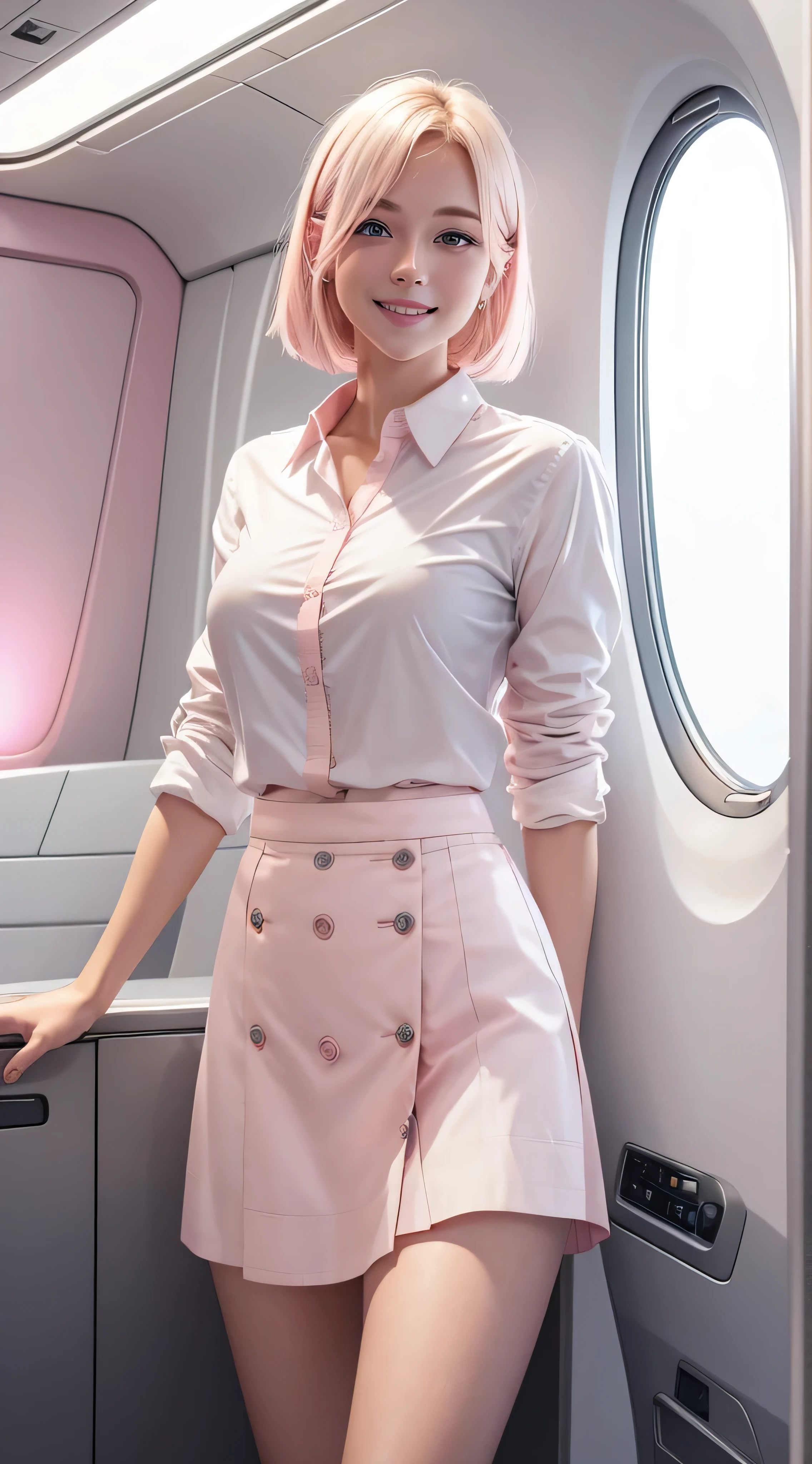 Young blonde with blue eyes and straight short hair、(elegant(white)Wearing Button shirt:1.2)、((light pink)long irregular hem skirt:1.2)、close the button、、ela esta sorrindo、she is showing her teeth、Cena noturna、melhor qualidade、obra-prima、8k、cinematic lighting、trabalho premiado.inside private jet、indoor、super detailed background,
