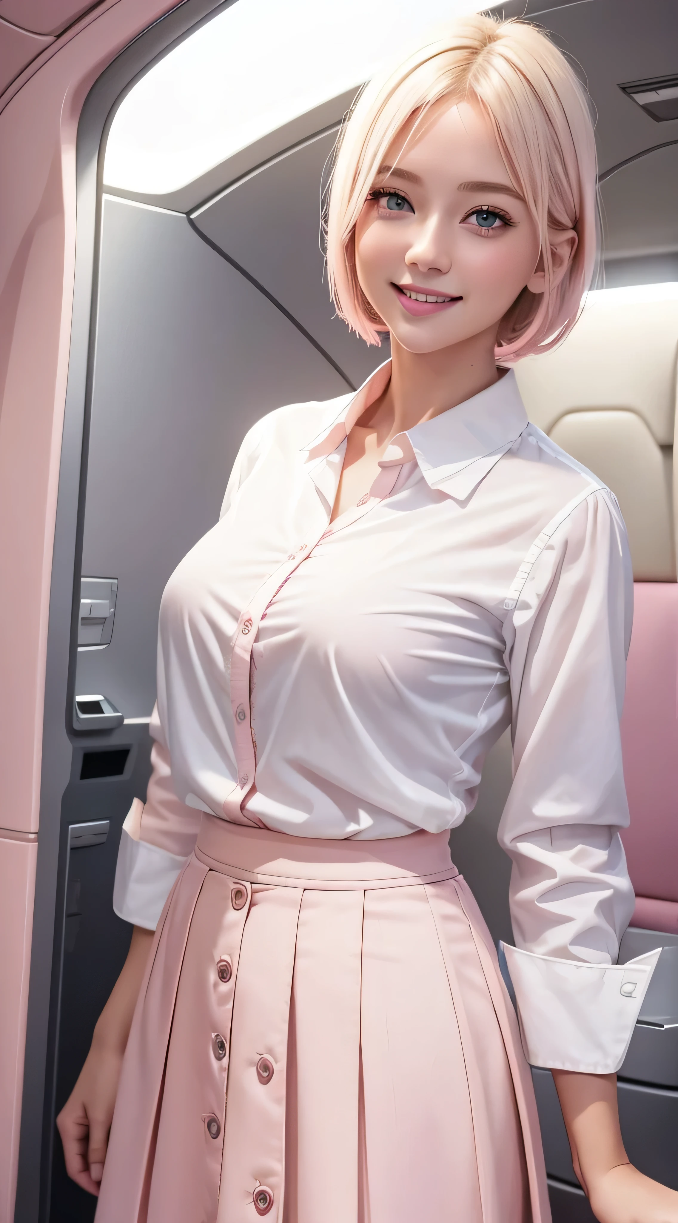 Young blonde with blue eyes and straight short hair、(elegant(white)Wearing Button shirt:1.2)、((light pink)long irregular hem skirt:1.2)、close the button、、ela esta sorrindo、she is showing her teeth、Cena noturna、melhor qualidade、obra-prima、8k、cinematic lighting、trabalho premiado.inside private jet、indoor、super detailed background,