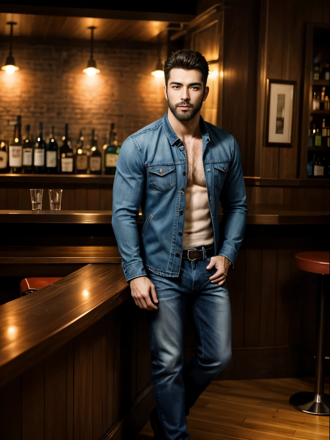 masterpiece, best quality, high resolution, closeup portrait, male focus, solo focus, muscular, burly, hairy, male, a handsome man, perfect face, blushing red face, scruffy beard, short hair, exposed chest, jeans, in a bar, neon lights, front view, full body, amazing composition, front view, HDR, volumetric lighting, ultra quality, elegant, highly detailed