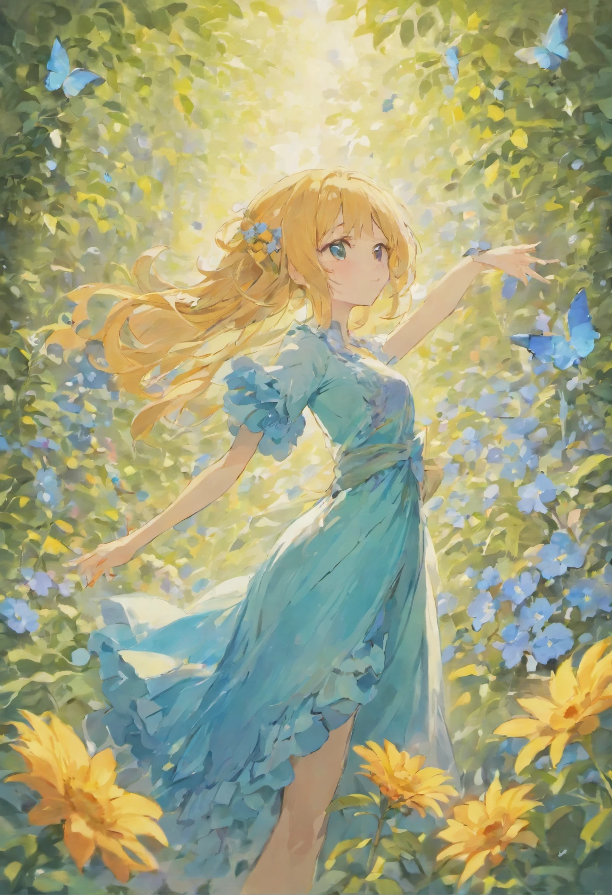 In a fragrant garden, A woman stands with her arms outstretched, Gently touch the petals that I met, Connection with nature and sweet blue flowers, Dresses with frills,long hair wavy hair
