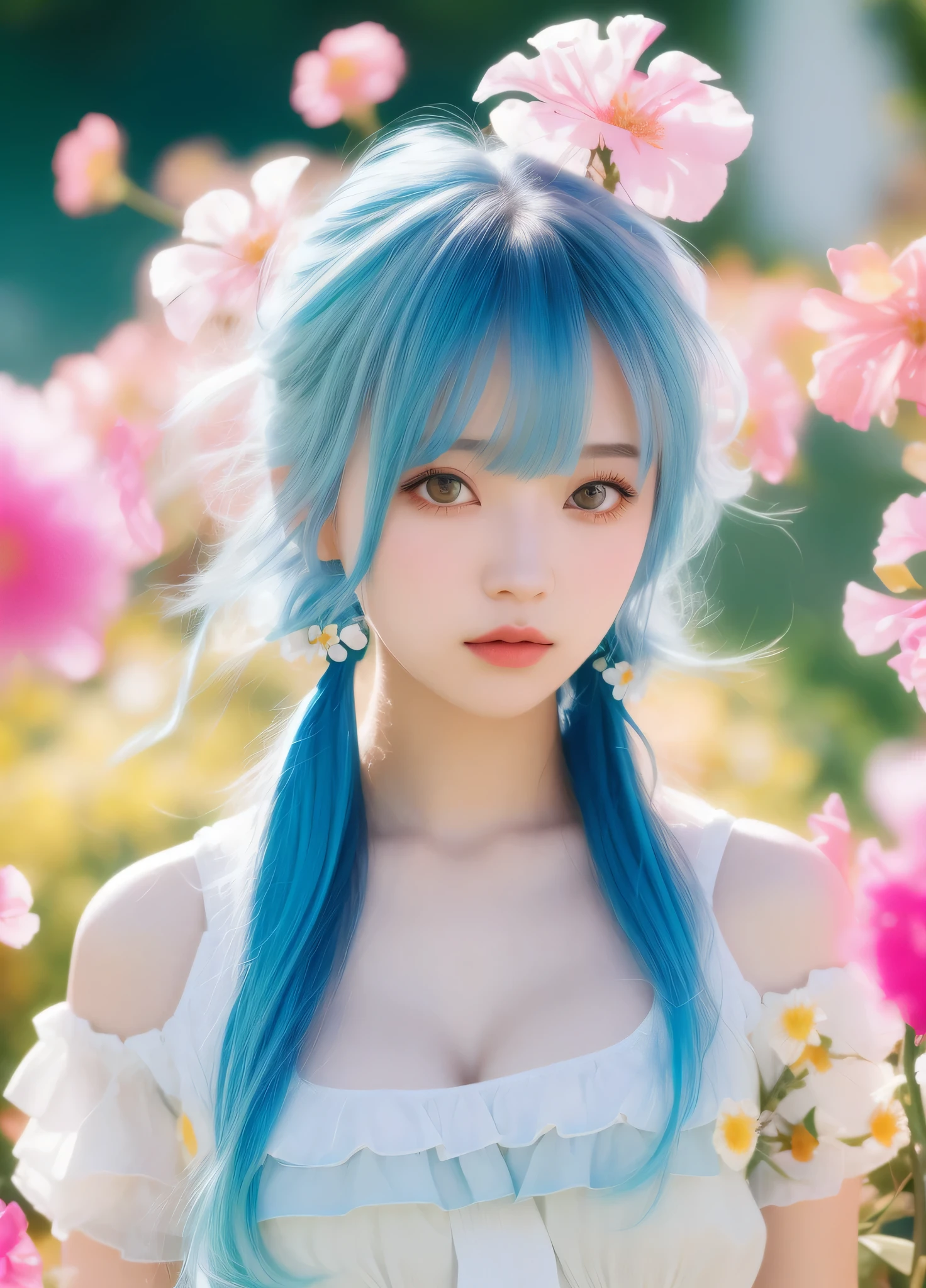 A woman with blue hair and a white dress standing in a field of flowers ...