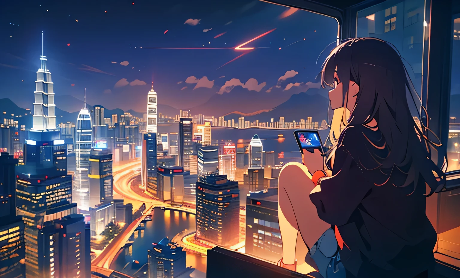woman sitting on a ledge overlooking a city at night, overlooking a modern city, sitting on a skyscraper rooftop, looking at the city, looking over city, perched on a skyscraper, vibrant neon lights and big screens in the background, flying cars seen in the distance, looming over a city, city views, high quality upload, imagine hong kong year 2225, city in the background