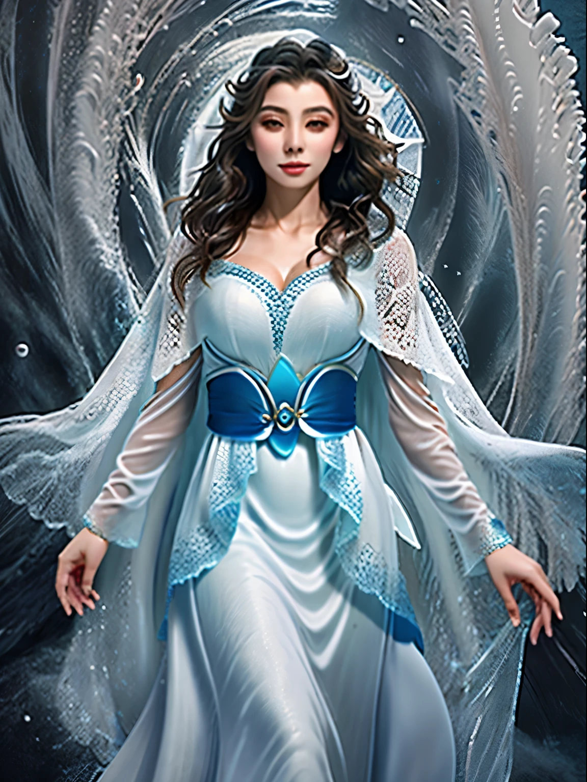 Arad woman in flowing dress standing on the waves of the sea, Wearing a skirt made of water, sea goddess, flowing dress, sea goddess, rising wave, wearing white flowing dress, Beautiful fluid fabric, incredible waves, stunning photo, flowing white robe, wearing nice clothes