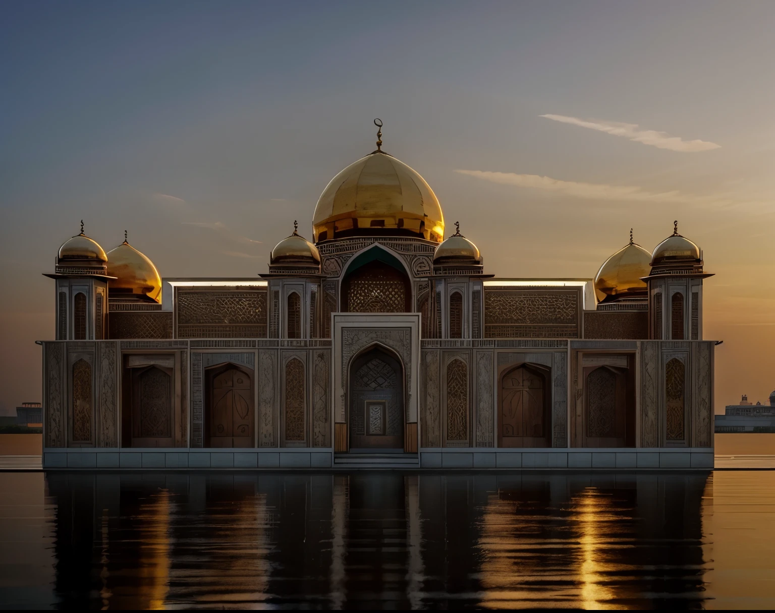 photorealistic ,classic mosque ,Mughal architecture, hd detaild,perfect lighting, trevertine stone façade,grand entrance door,dome,128k,high detailed,realistic, insanely detailed octane render,