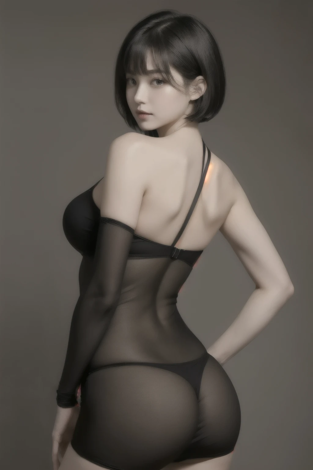 (masterpiece:1.3), (8k, lifelike, original photo, best quality: 1.4), (1 girl), pretty face, (lifelike的脸), (black hair, short hair:1.3), beautiful hairstyle, lifelike的眼睛, Beautiful and delicate eyes, whole body，raised ，(lifelike的皮肤), Beautiful skin, (Extremely revealing clothing), Ridiculous, attractive, ultra high resolution, Surreal, Very detailed, golden ratio，whole body，raised ，