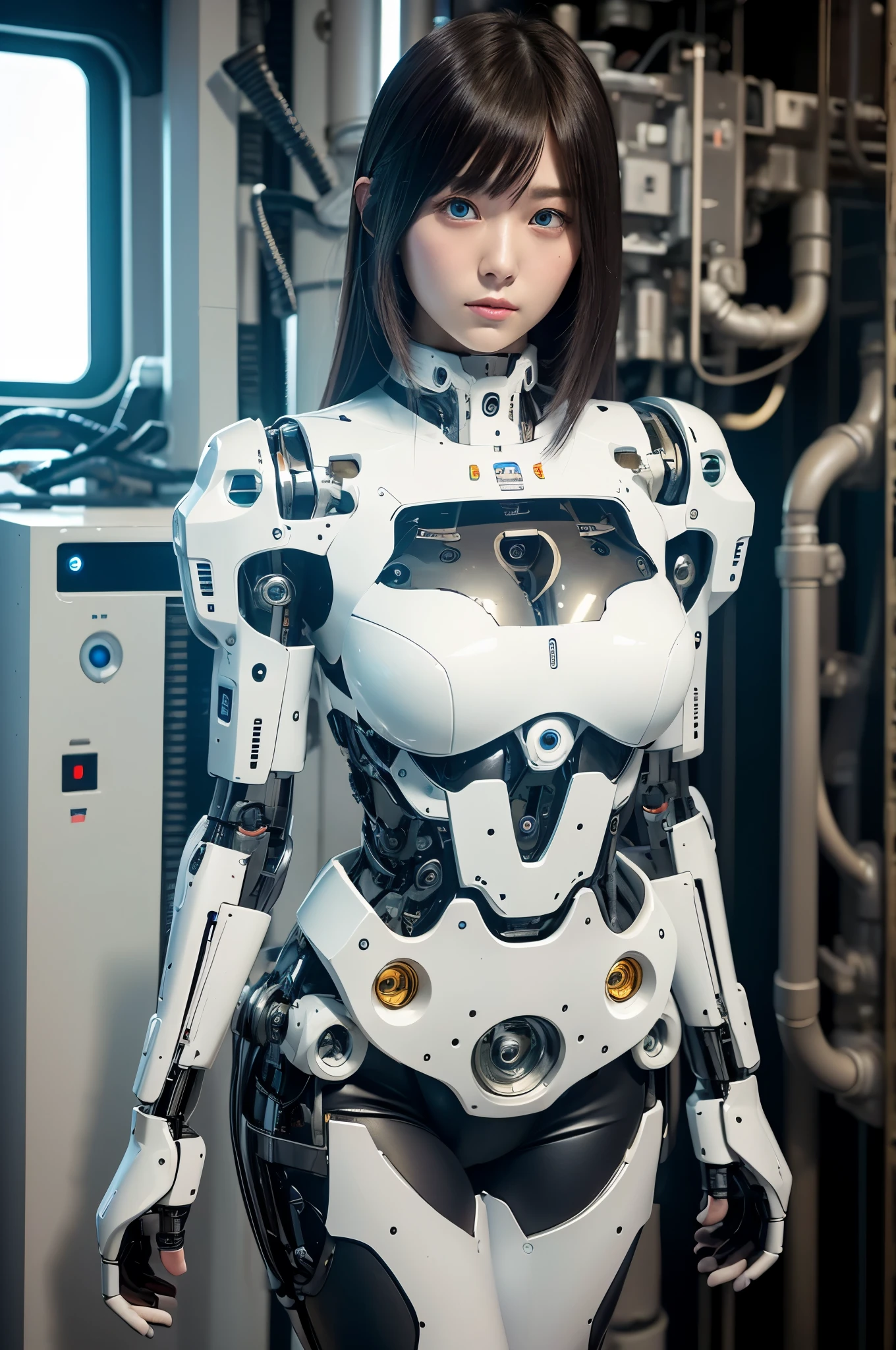 masterpiece, best quality, extremely detailed, Japanese android girl,Plump ,control panels,robot arms,robot,android,cyborg,white robot body,blunt bangs,robot repair plant,skinny pants,boots,blue eyes