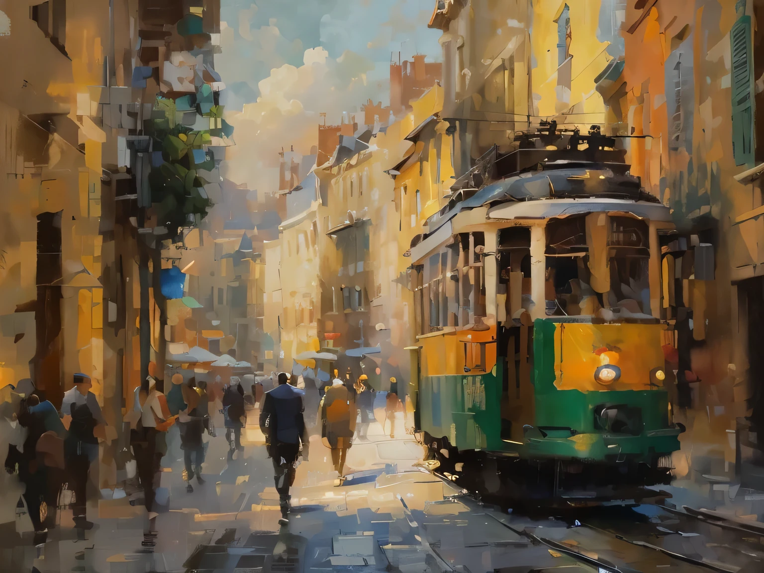 Sunset，bustling city streets，neon light flashing，People are walking，street view，有轨tram的, nice lighting，twilight light，Layered，author：Brian Thomas, street tram, in oil painting style, author：Gabor Sikzai, Antonio Rota, author：Felix Ziem, tram, author：Alfredo Volpi, oil painting numbers, author：Sigmund Freudenberg, author：Gaisa Mesoli，high quality，high quality，8K