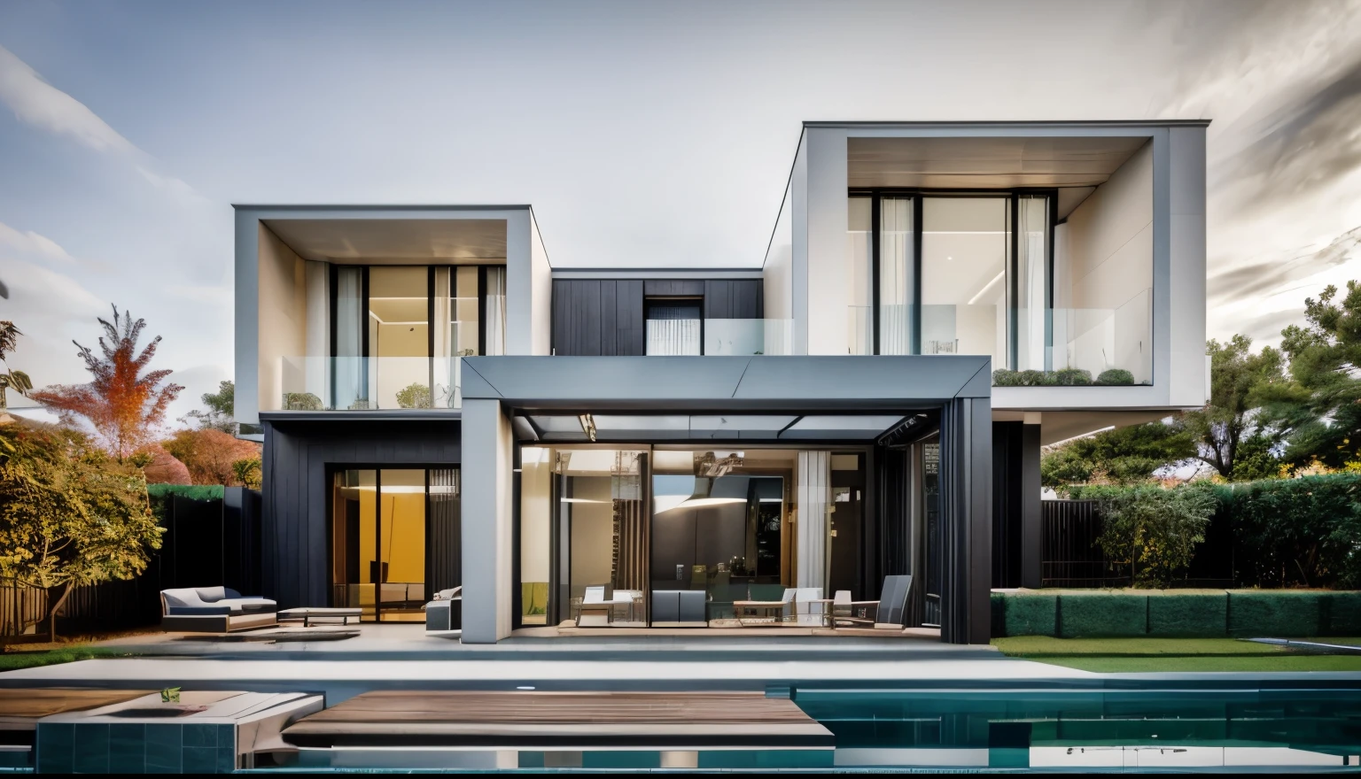 the exterior of the house; garden landscape, a pool with clear water, daytime, realistic, wide angle, (( render vray )), cloudy sky, morning, sunlight, European plants, render, spring light, detailed, modern style, clear image, glasses, high reflection, RAW photo, (high detailed skin:1.2), 8k UHD, DSLR, soft lighting, high quality, film grain, Fujifilm XT3