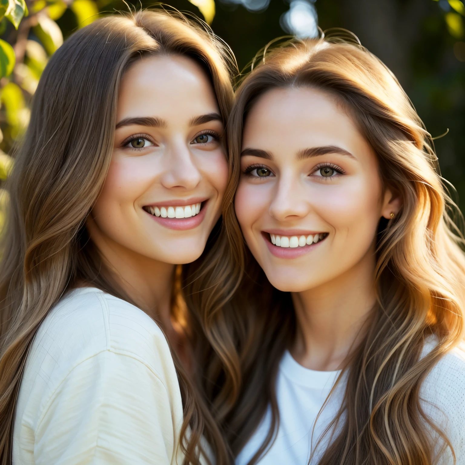 Two beautiful girls, long flowing hair, golden locks, enjoying the moment with radiant smiles on their faces. The sun kisses their fair complexions, highlighting the intricate details of their features, from their elegant facial structures to the natural shine on their locks. Captured in high definition, every detail is vividly brought to life in this cinematic portrait. (best quality, ultra-detailed:1.2), golden hour, outdoor, casual outfit, carefree, laughter, happiness, long hair, breathtaking, masterpiece:1.1.