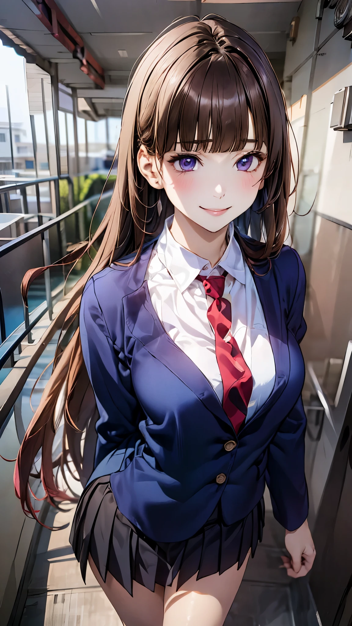 (masterpiece:1.2, top-quality), (realistic, photorealistic:1.4), beautiful illustration, (natural side lighting, movie lighting), nsfw,
looking at viewer, 1 girl, japanese, high school girl, perfect face, cute and symmetrical face, shiny skin,
(long hair:1.5, straight hair:1.4, purple brown hair), blunt bangs, purple eyes, long eye lasher, (medium breasts), slender,
beautiful hair, beautiful face, beautiful detailed eyes, beautiful clavicle, beautiful body, beautiful chest, beautiful thigh, beautiful legs, beautiful fingers,
((private high , school navy blazer, close blazer, white collared shirts, navy pleated mini skirt), navy tie),
(beautiful scenery), evening, (school hallway),, standing, (lovely smile, upper eyes),