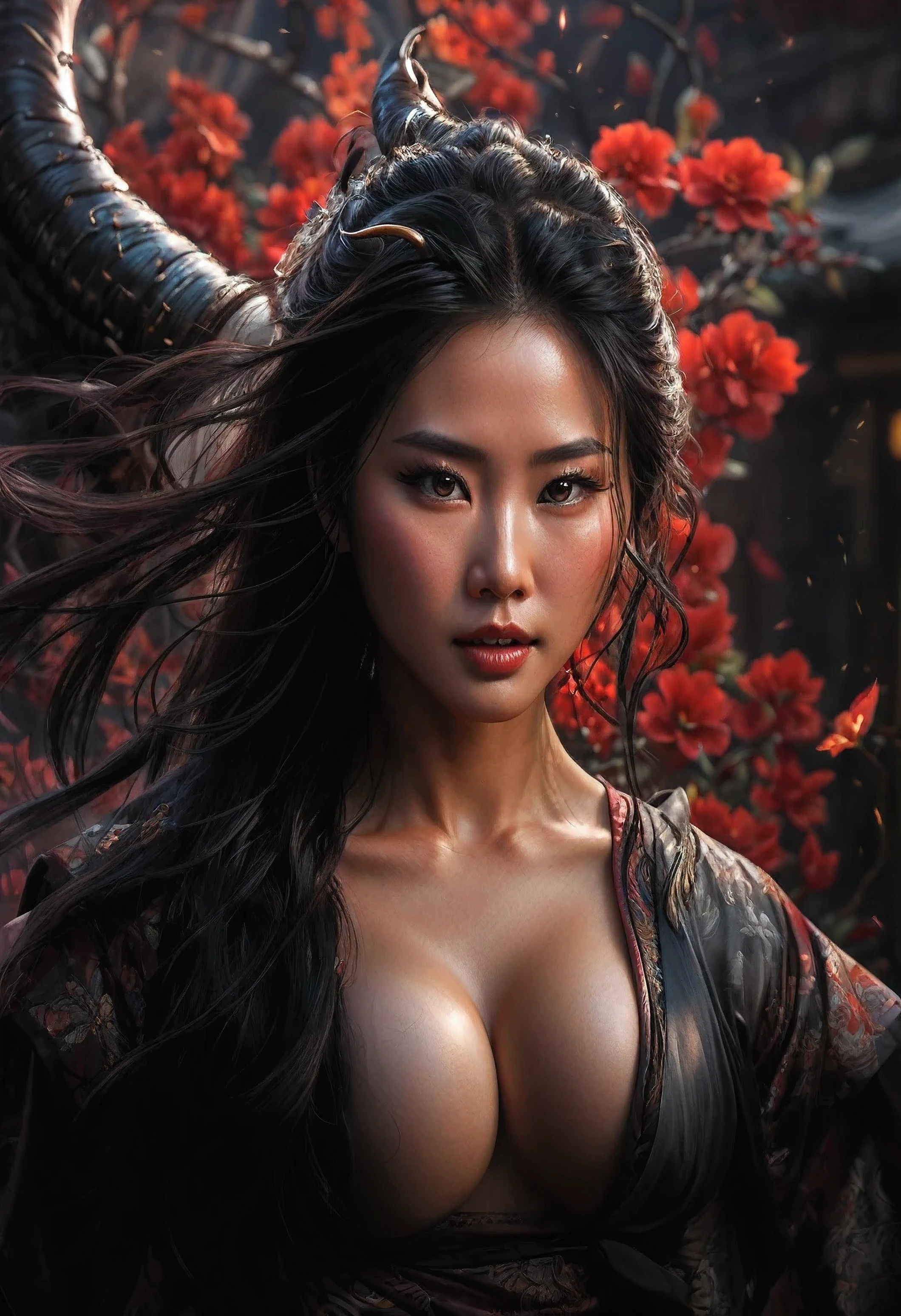 arafed asian woman with horns and a black dress posing for a picture, ross tran 8 k, chengwei pan on artstation, cinematic. by leng jun, karol bak uhd, beautiful digital artwork, beautiful oriental woman, wlop and ross tran, 4 k detail fantasy, ross tran and wlop, cgsociety uhd 4k highly detailed, cloth remove, resize fit breast