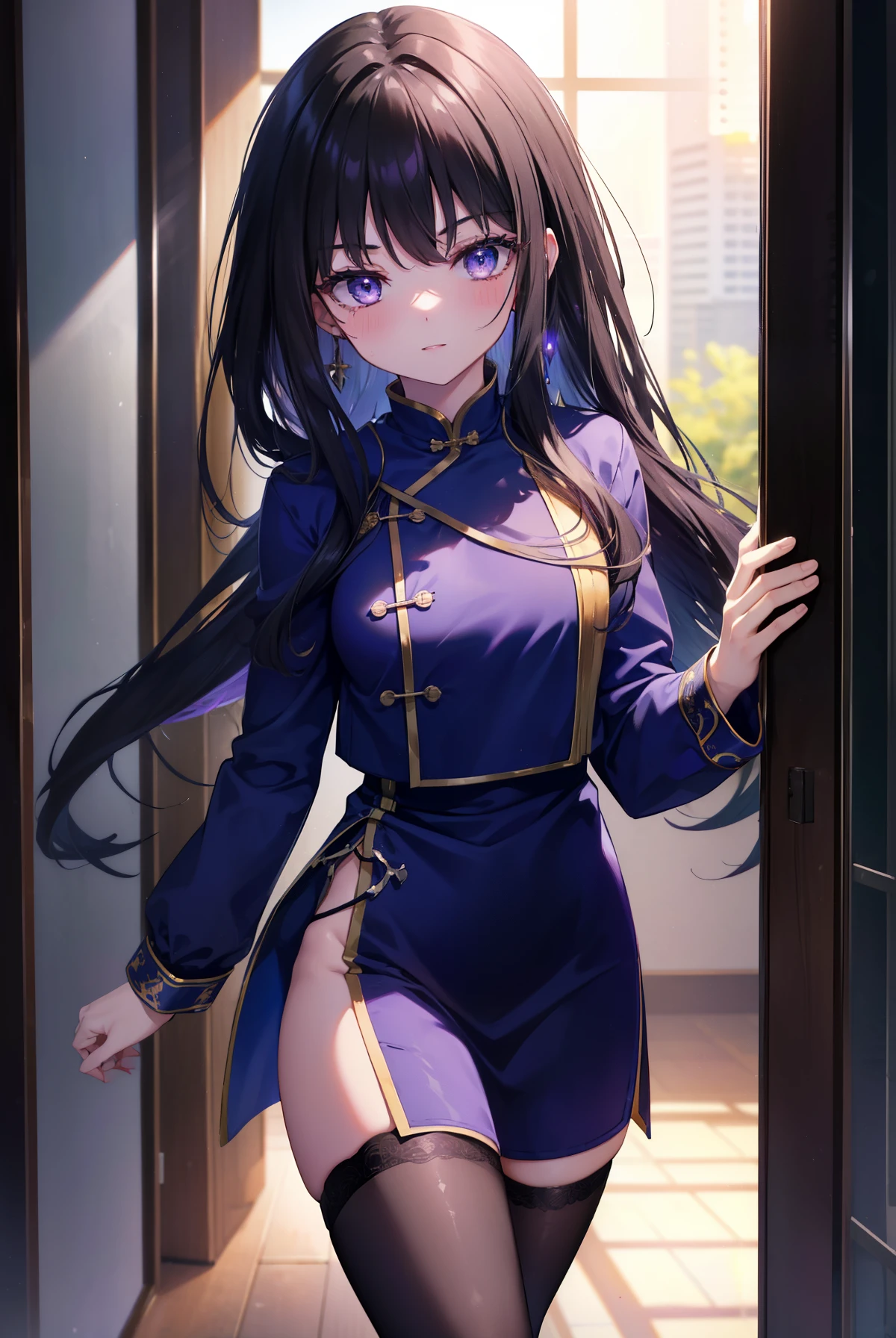Takiuchi Kame, check it out, long hair, bangs, black hair, (purple eyes:1.2),serious,smile,blush,open your mouth,blue cheongsam,blue china slit,black tights,stiletto heels,
break oudoors, In town、路地裏
break looking at viewer, (cowboy shot:1.5),
break (masterpiece:1.2), highest quality, High resolution, unity 8k wallpaper, (figure:0.8), (detailed and beautiful eyes:1.6), highly detailed face, perfect lighting, Very detailed CG, (perfect hands, perfect anatomy),