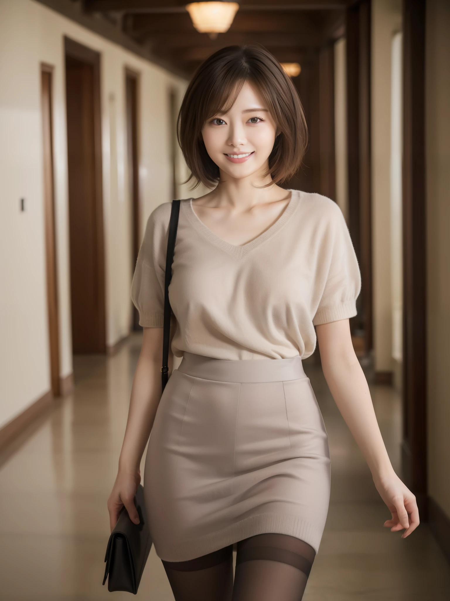 ((masterpiece))、((highest quality))、picture、reality、High level image quality、Advanced depth of field、super detailed、realistic lighting、married woman、30 generations、delicate features、short bob、messy hair、Realistic background and accessories、big and full breasts、sexy smile、captivating gaze、sexy lips、I'm walking down a long hallway、Grey knitted short sleeve shirt、wide shot、pantyhose、Tight Skirt、
