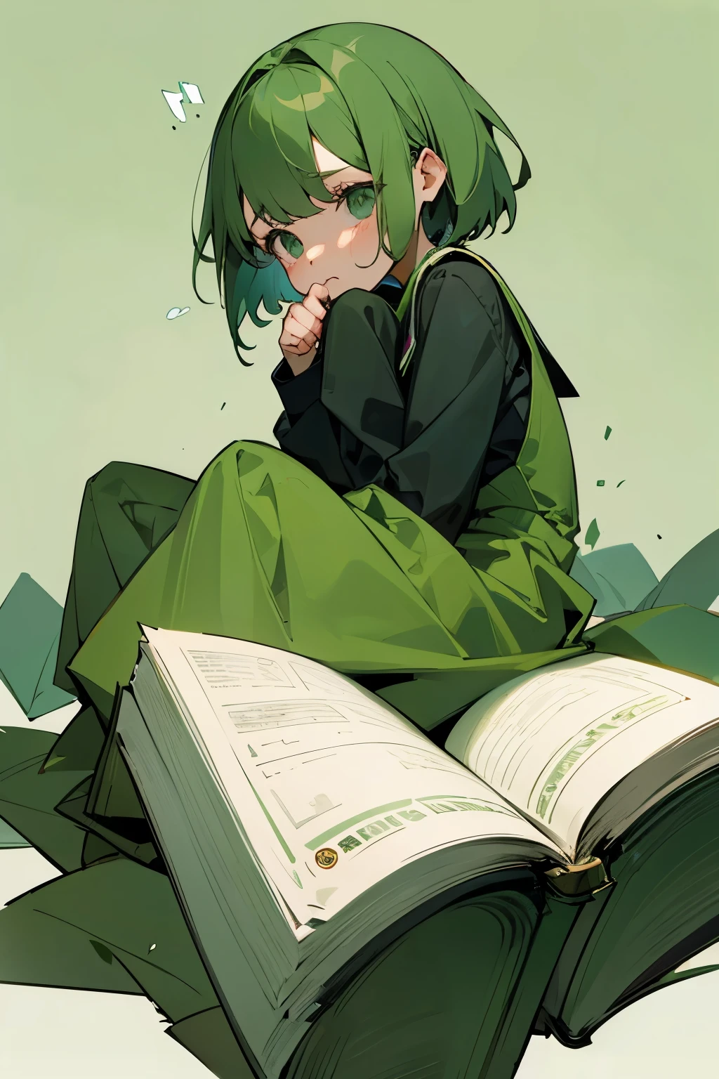 A quiet girl who loves books, and the background is entirely green.、Sad face