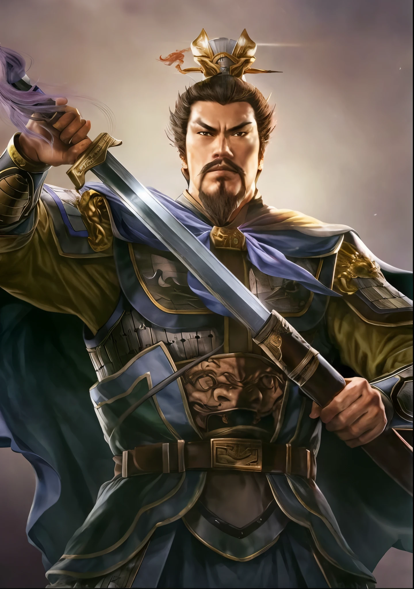 Close-up of a man holding a sword and sword, Guan yu, zhao yun, Inspired by Li Kan, Inspired by Huang Shen, bian lian, feng shu, Inspired by Cao Zhibai, Inspired by Zhu Derun, Inspired by Huang Ding, liang xing, inspired by Li Gonglin, dynasty warriors, Inspired by Wu Bin