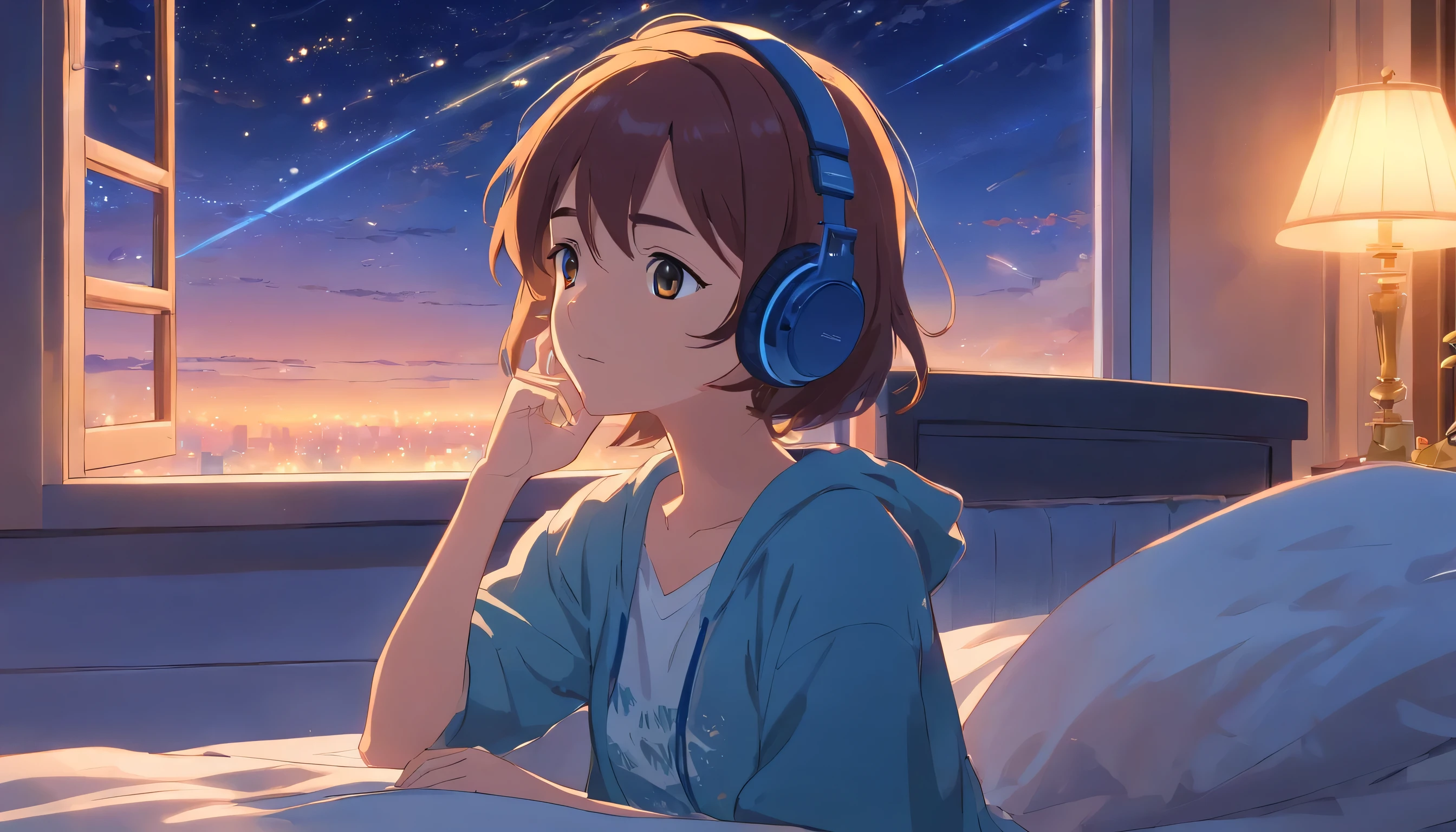 A girl listens to music with headphones by the window next to the bed,Many stars in the night sky cell phone in hand