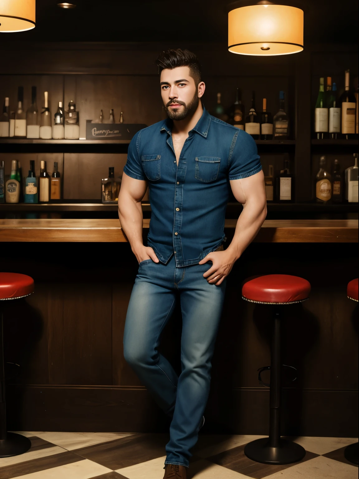 masterpiece, best quality, high resolution, closeup portrait, male focus, solo focus, muscular, burly, hairy, male, a handsome man, perfect face, blushing red face, scruffy beard, short hair, exposed chest, jeans, in a bar, neon lights, front view, full body, amazing composition, front view, HDR, volumetric lighting, ultra quality, elegant, highly detailed