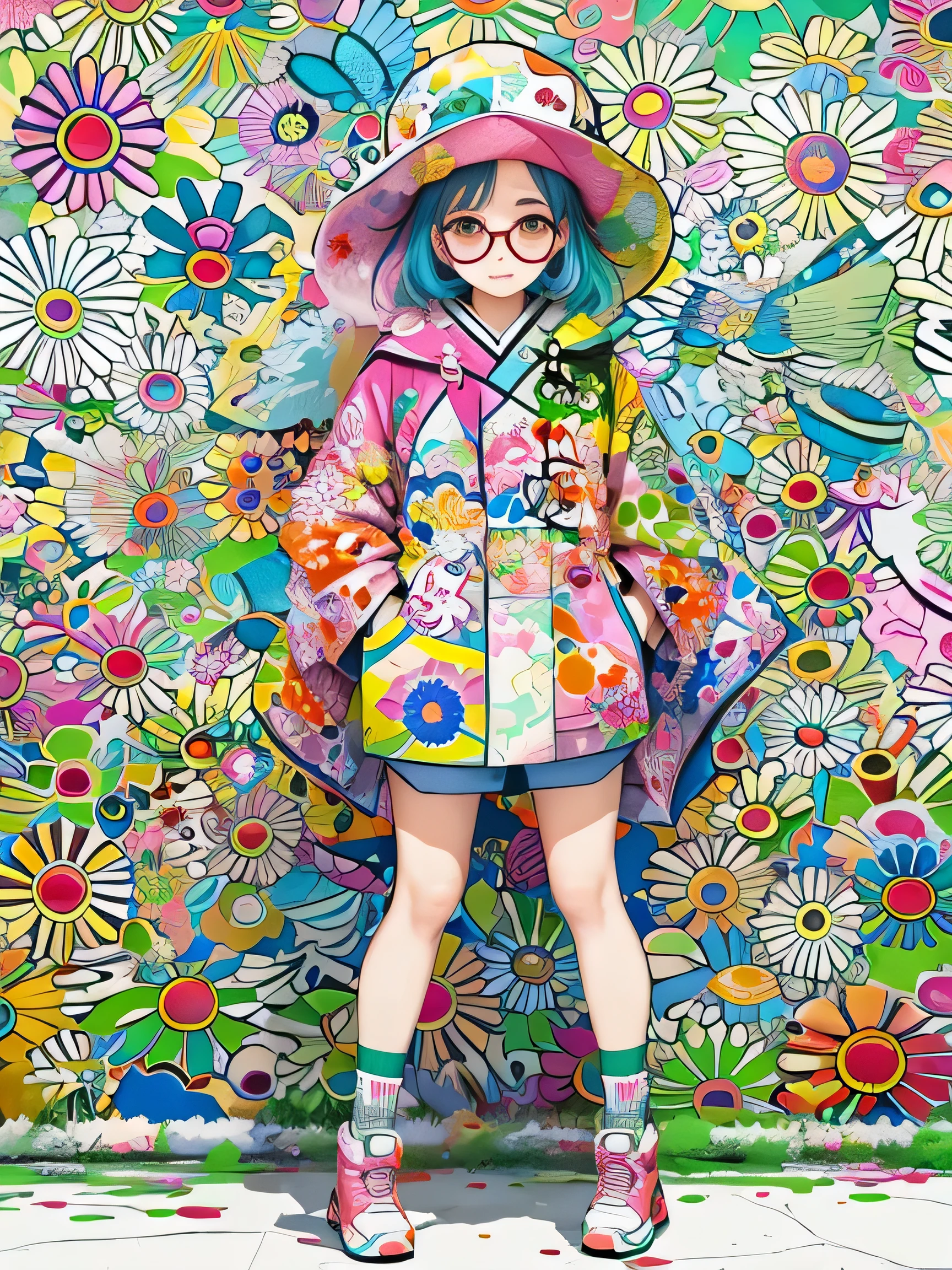 Takashi Murakami style、8K quality, watercolor painting, stylish design, (((The strongest beautiful girl of all time))), (((Japanese)))、Idol、Yuriko Yoshitaka、clear, stylish glasses, Fashionable hats, (((highest quality))), bob hair, put your hand on the wall, HDR, ((Detailed details)), stylish fashion, detailed clothing texture, (((graffiti art))), colorful hair, ((masterpiece))、((Super detailed))、colorful flowers