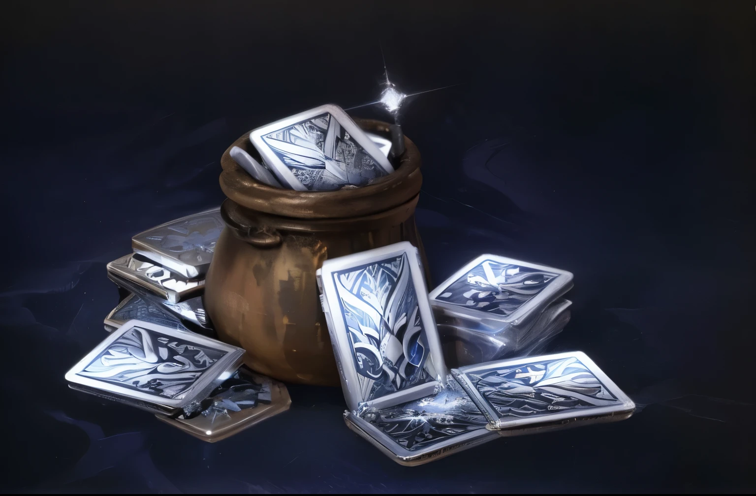 there are four silver playing cards in a pot on a table, ornate flowing silvered robes, item art, card art, ingame image, treasure artifact, shining nordic runes, treasure hoard, ability image, holographic runes, cards, wizard shuffling cards, collectible card art, silver and sapphire, deck of many things, silver, card game,4K,HD