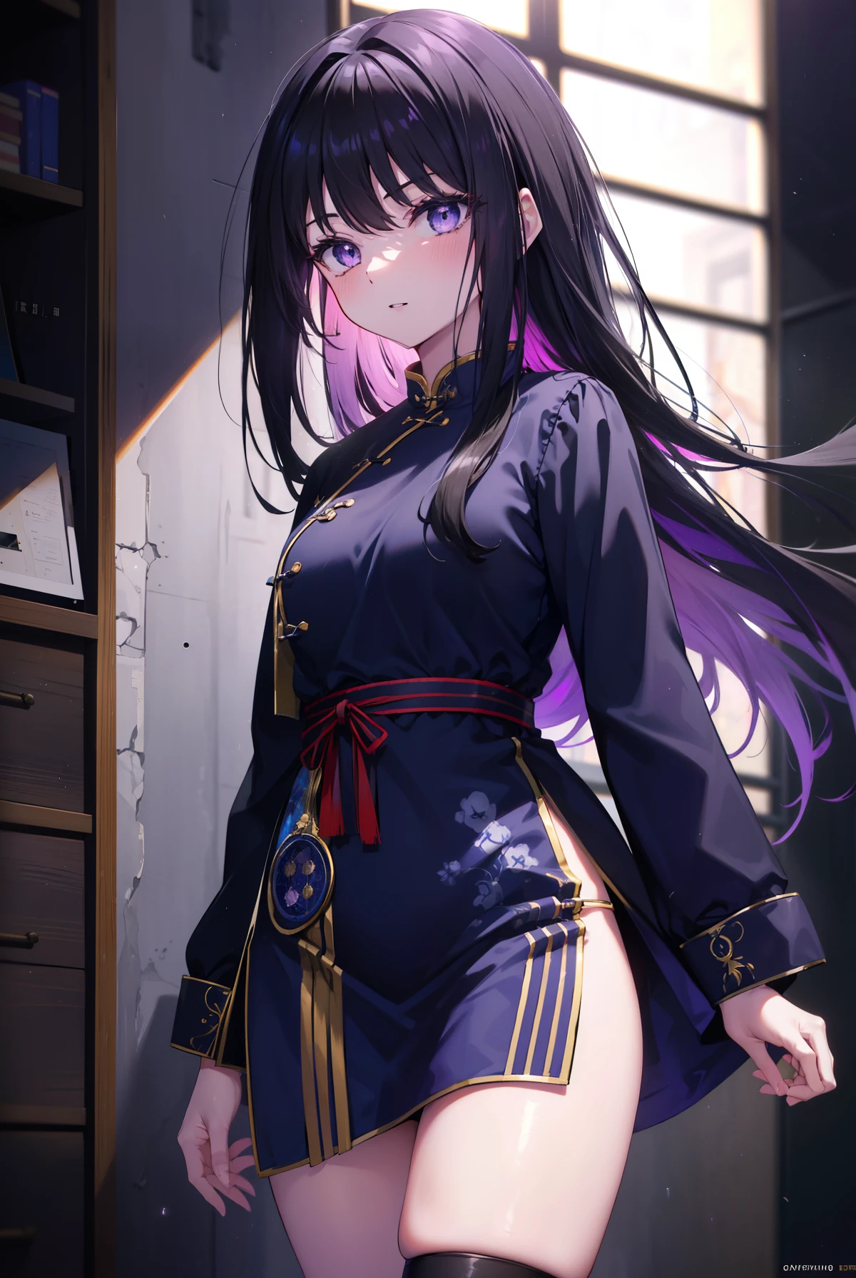 Takiuchi Kame, check it out, long hair, bangs, black hair, (purple eyes:1.2),serious,smile,blush,open your mouth,blue cheongsam,blue china slit,black tights,stiletto heels,
break oudoors, In town、路地裏
break looking at viewer, (cowboy shot:1.5),
break (masterpiece:1.2), highest quality, High resolution, unity 8k wallpaper, (figure:0.8), (detailed and beautiful eyes:1.6), highly detailed face, perfect lighting, Very detailed CG, (perfect hands, perfect anatomy),