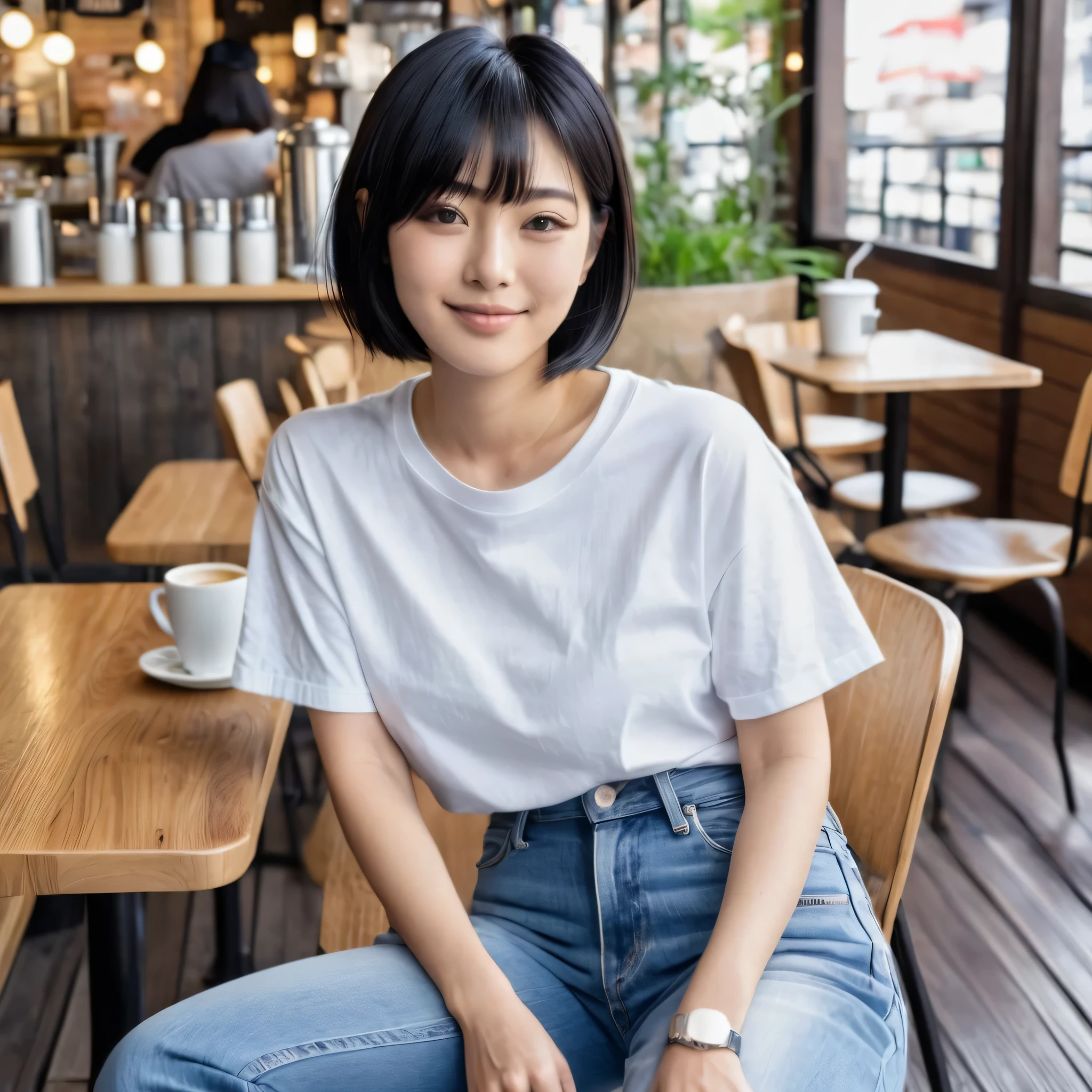 japanese woman、Early 20s、short cut black hair、Normal body type、Please wear a casual T-shirt and jeans、Relaxing pose at a cafe。