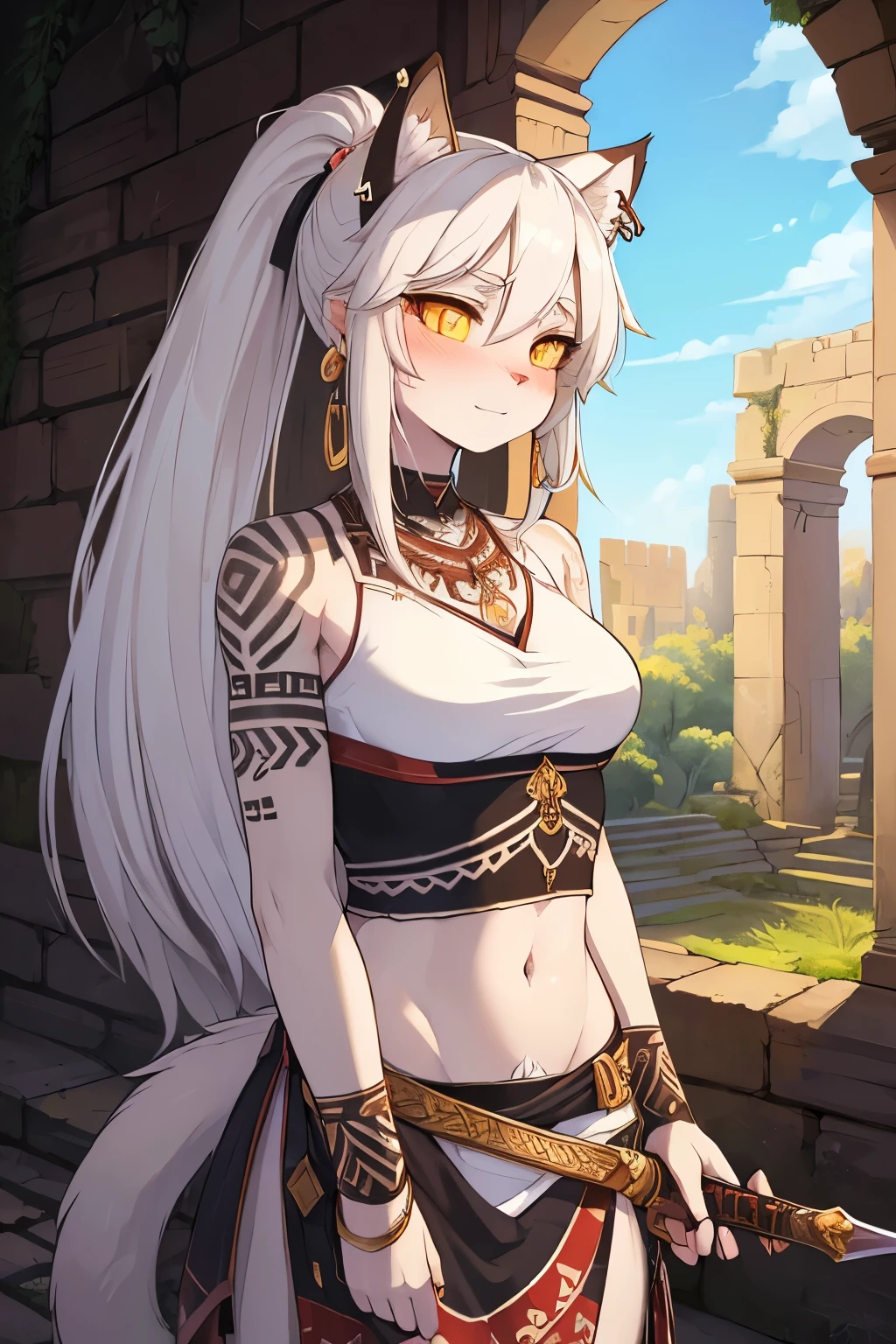 ((best quality, masterpiece, perfect anatomy, detailed picture)), 1female, pantherine, two tone fur, grey body, sexy, long white hair, ponytail hair, fluffy feline tail, yellow sclera, tribal tattoo, ear rings, red blushing, shy, in the ruins, holding a sword in right hand, guarding, portrait, illustration