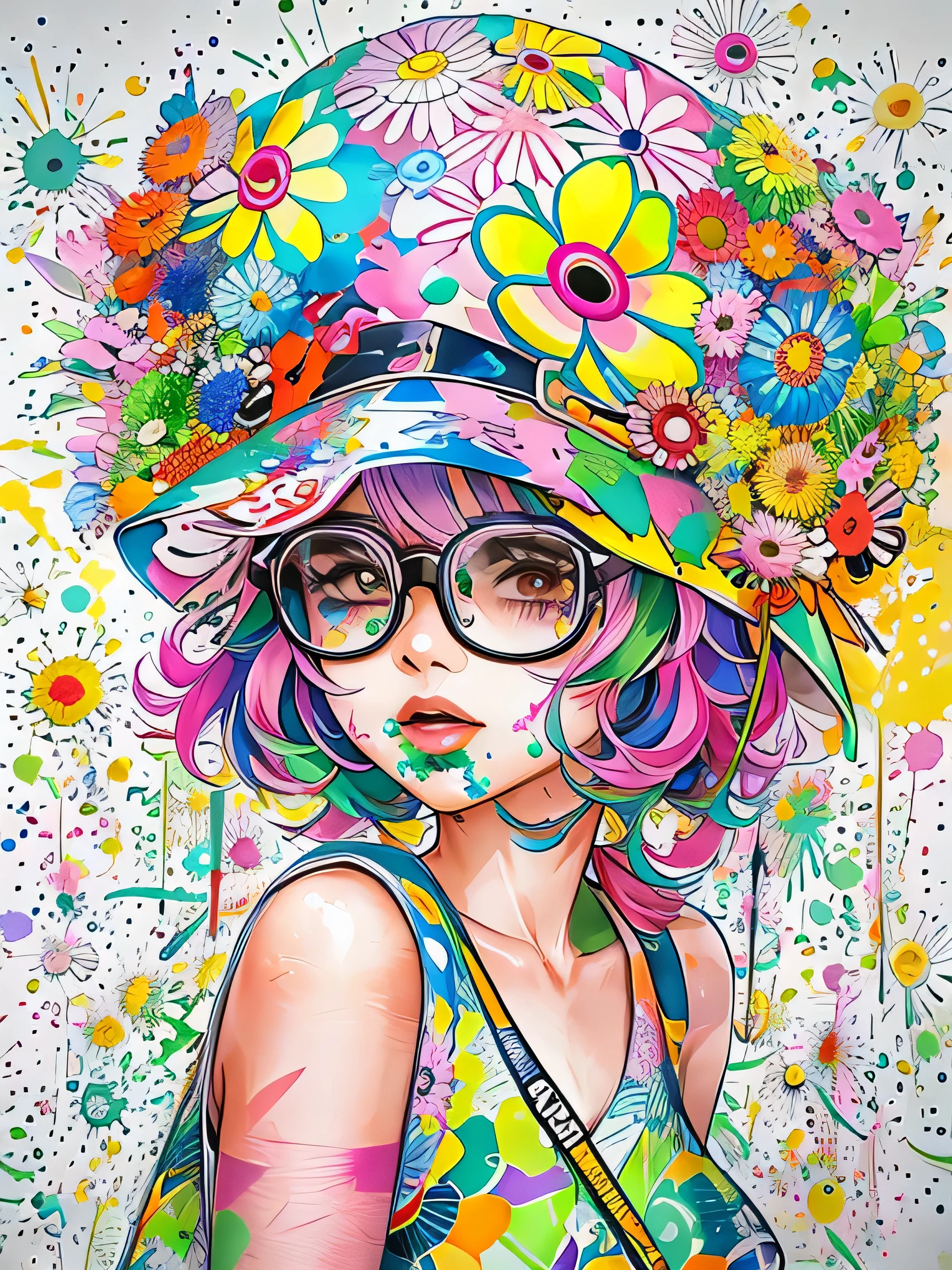 Takashi Murakami style、8K quality, watercolor painting, stylish design, (((The strongest beautiful girl of all time))), (((Japanese)))、Idol、Yuriko Yoshitaka、clear, stylish glasses, Fashionable hats, (((highest quality))), bob hair, Place your hands on the wall, HDR, ((Detailed details)), stylish fashion, detailed clothing texture, (((graffiti art))), colorful hair, ((masterpiece))、((Super detailed))、colorful flowers