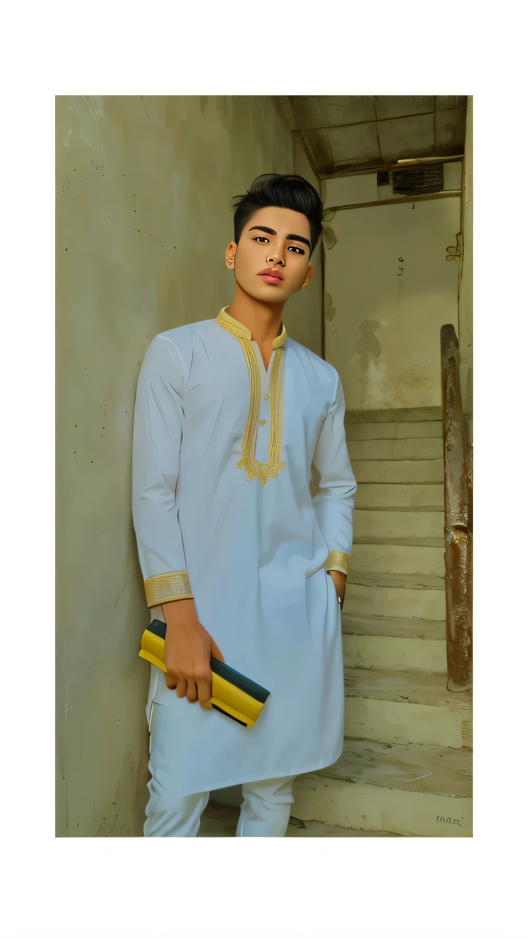 @boy(masterpiece),(best quality:1.0), (ultra highres:1.0), detailed illustration, 8k,1boy, anime boy, wearing panjabi, detailed black beard ,white pants, intricate details, detailed face, black eyes, detailed eyes, detailed hair, highlights in hair, highly detailed, anime style, vibrant