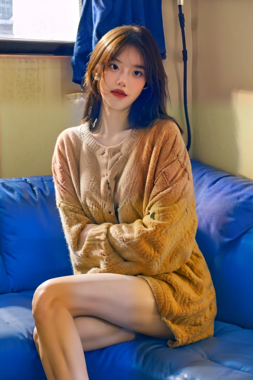 1girl,sitting on a cozy couch,crossing legs,soft light