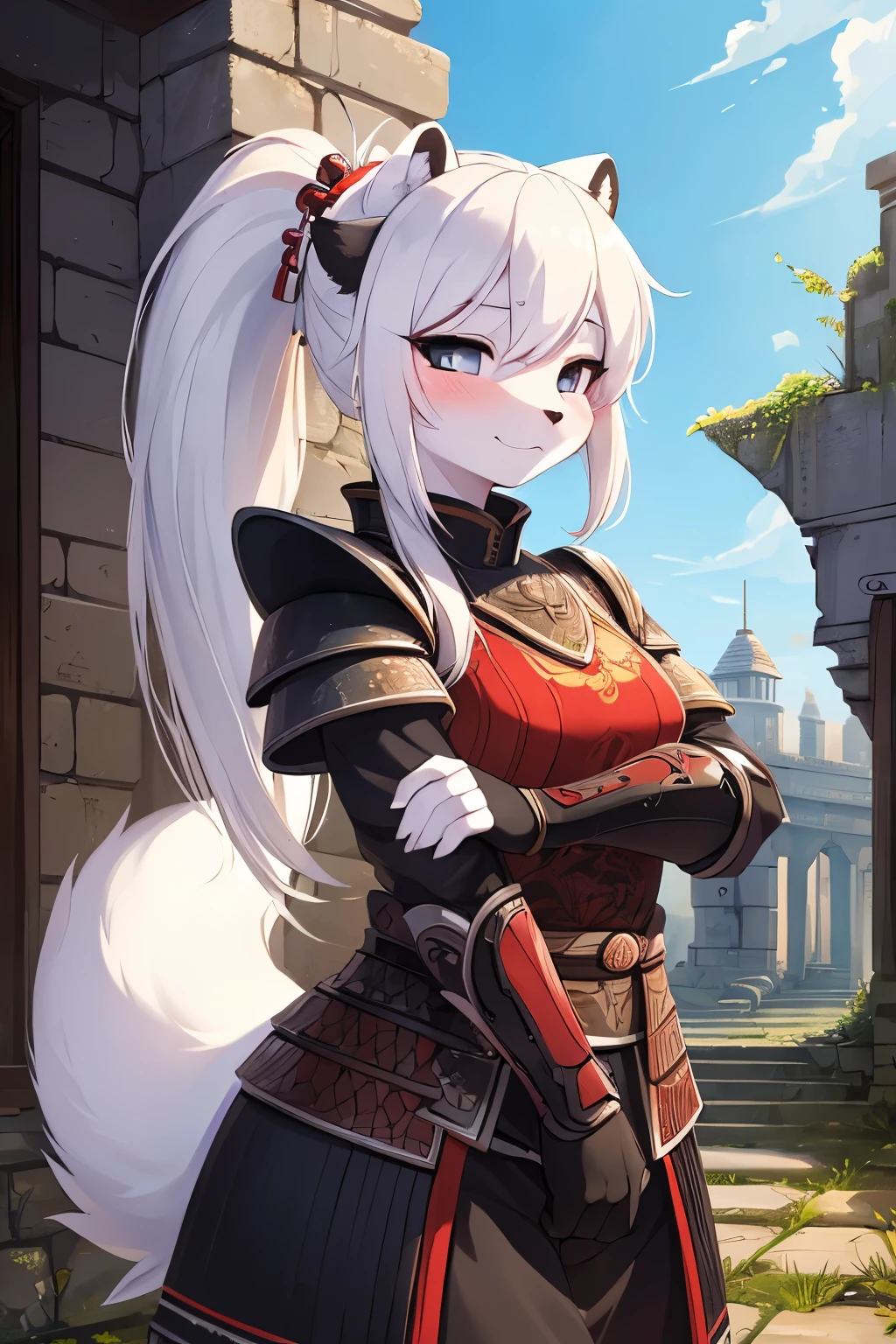 ((best quality, masterpiece, perfect anatomy, detailed picture)), furry, 1female, arctic ferret, sexy, cute face, long white hair, ponytail hair, grey eyes, black sclera, tail, samurai armor, red blushing, shy, in the ruins, portrait, illustration