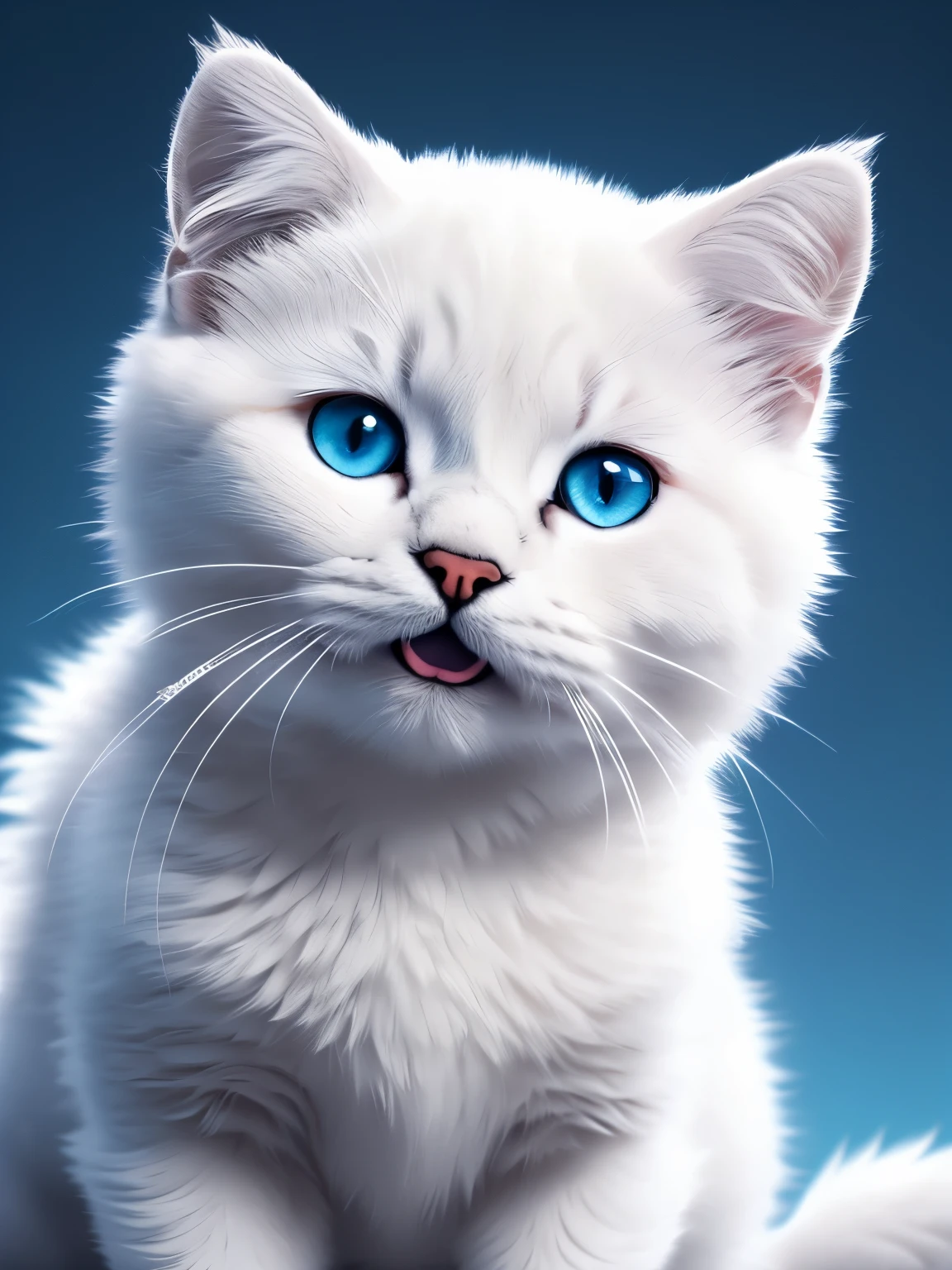 small white kittie with black dots, fluffy, furry, light blue eyes, looking up, happy expression, extremely detailed, high quality, 8k resolution