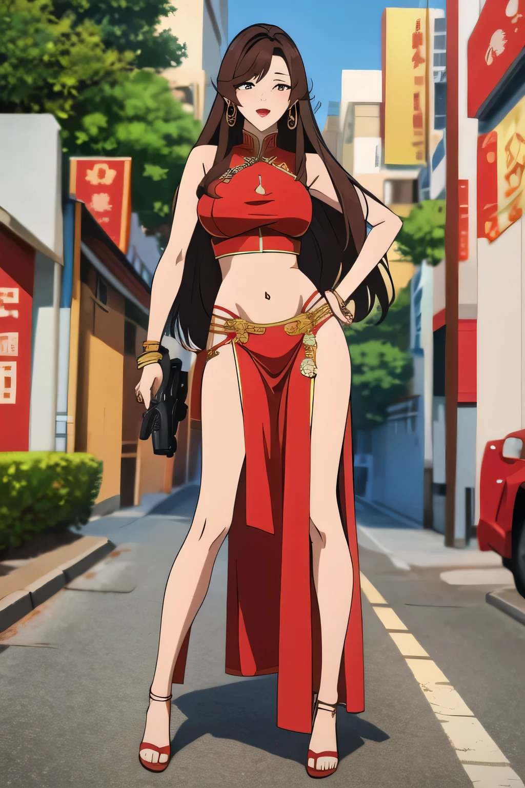  parted lips, jewelry, long hair, brown hair, white skin, 1girl, necklace, earrings, red lips, large breast, masterpiece, best quality, highly detailed, a anime girls in china dress with navel cutout holding a gun posing for a picture, navel cutout, crop top, china dress, ecchi anime style, evil smile, open mouth, smile, anime girls, ecchi style, ecchi, digital anime art!!, in anime style, official artwork, (nsfw) not safe for work, beautiful anime girl, anime style 4 k, pelvic curtain, exposed belly, exposed navel, exposed midriff, exposed lower belly, holding a gun, chinatown, outdoor,street,road