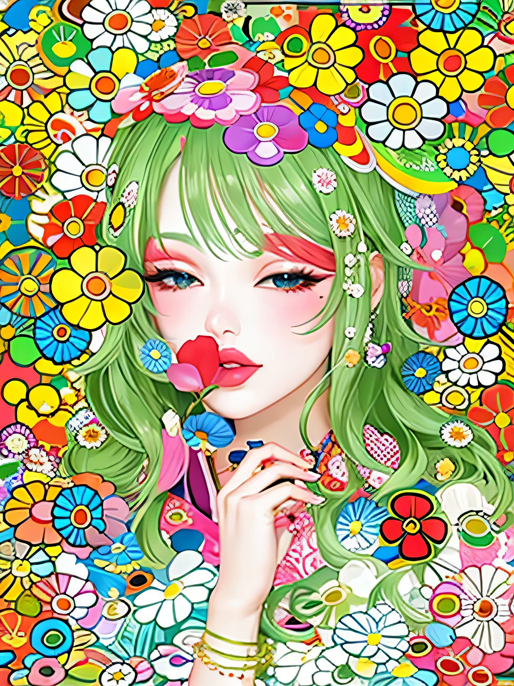 Takashi Murakami style, lips in love, sexuality, the nicest girl, beautiful eyes, Fashion Model, stylish, beautiful flower, Colorful Hearts, sitting in the spring garden