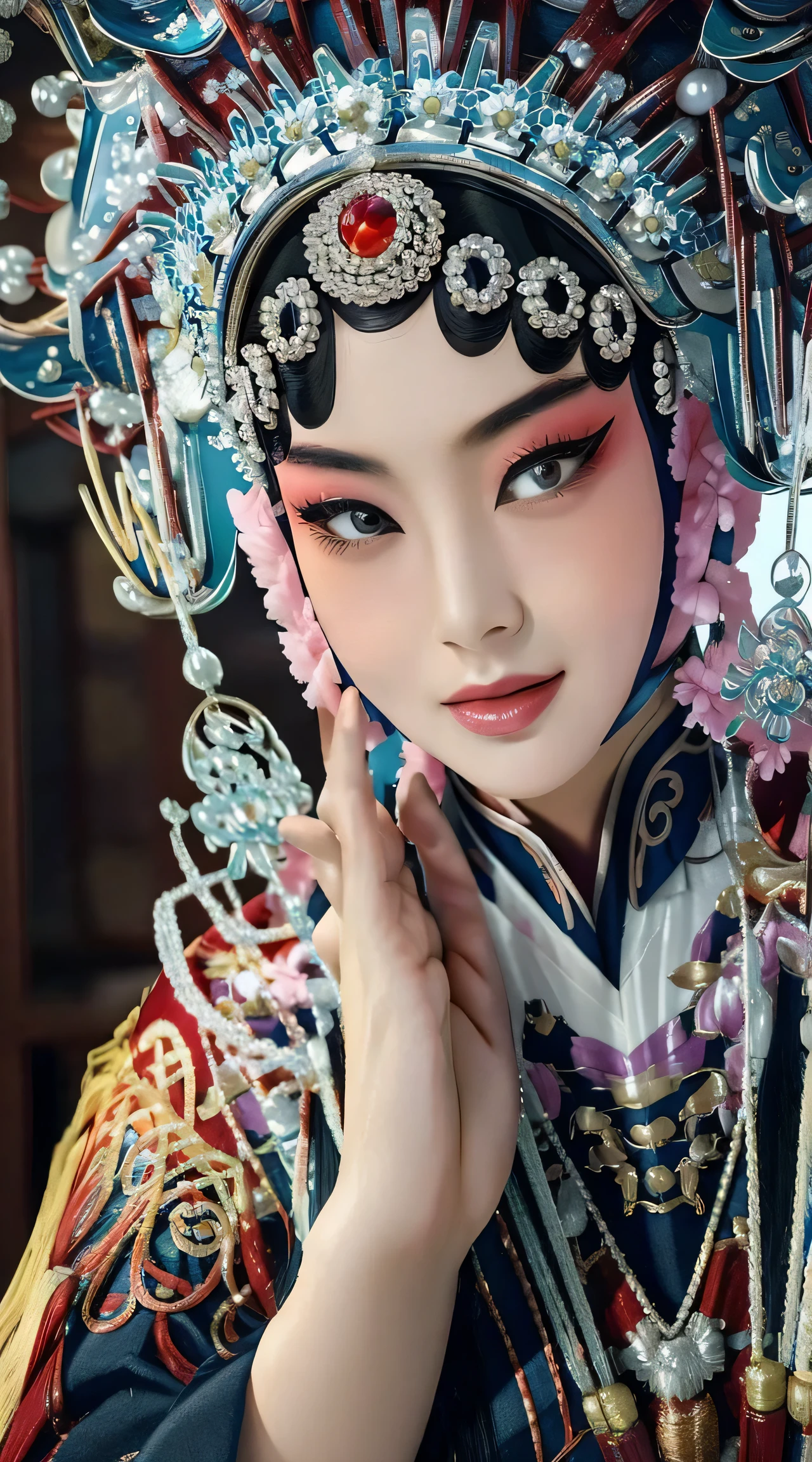 Masterpiece, Best quality, Masterpiece, Best quality, 1girll,  beijing opera,tchibi，（tmasterpiece，top Quority，best qualtiy，offcial art，Beauty and aesthetics：1.2），（1girll：1.3），The is very detailed，（s fractal art：1.1），Most detailed，（ zentangle:1.2), full bodyesbian, (abstract backgrounds:1.3), (Shiny skin), (many color:1.4),