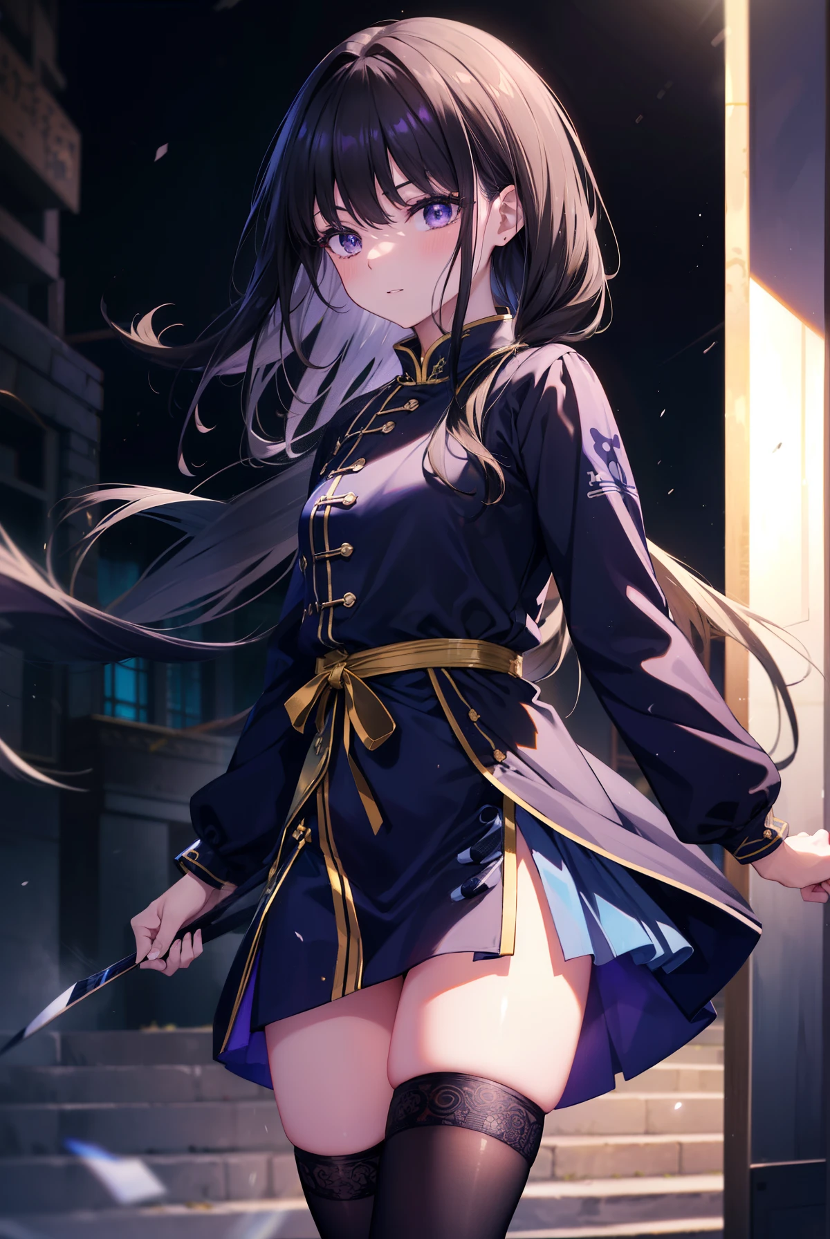 Takiuchi Kame, check it out, long hair, bangs, black hair, (purple eyes:1.2),serious,smile,blush,open your mouth,blue cheongsam,blue china slit,black tights,stiletto heels,
break oudoors, In town、路地裏
break looking at viewer, (cowboy shot:1.5),
break (masterpiece:1.2), highest quality, High resolution, unity 8k wallpaper, (figure:0.8), (detailed and beautiful eyes:1.6), highly detailed face, perfect lighting, Very detailed CG, (perfect hands, perfect anatomy),