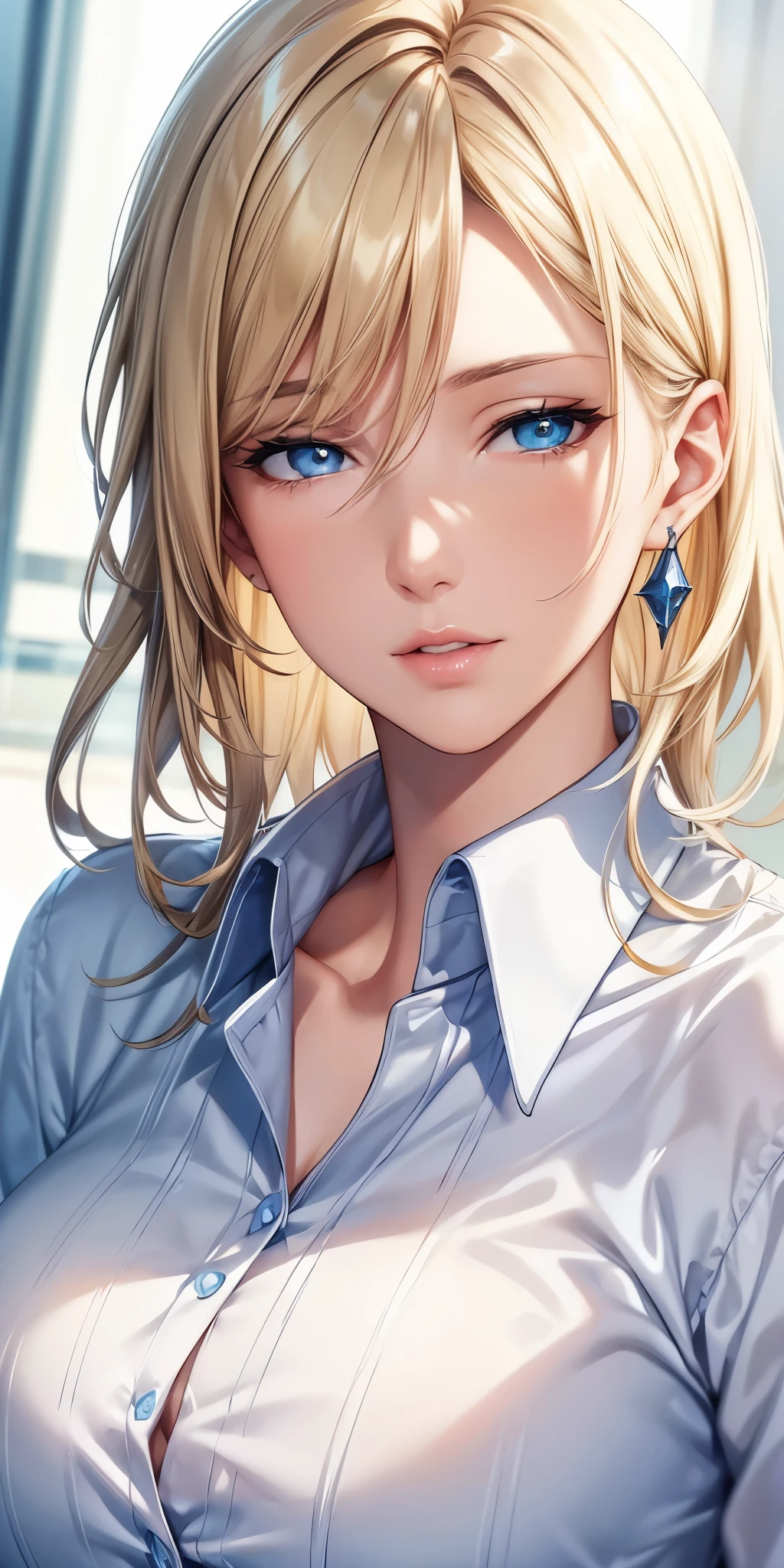 portrait, realistic, elegant mature woman, blue eyes, brown blonde hair, swept-side bang, 4k resolution, high quality cg, beautiful cg, soft light