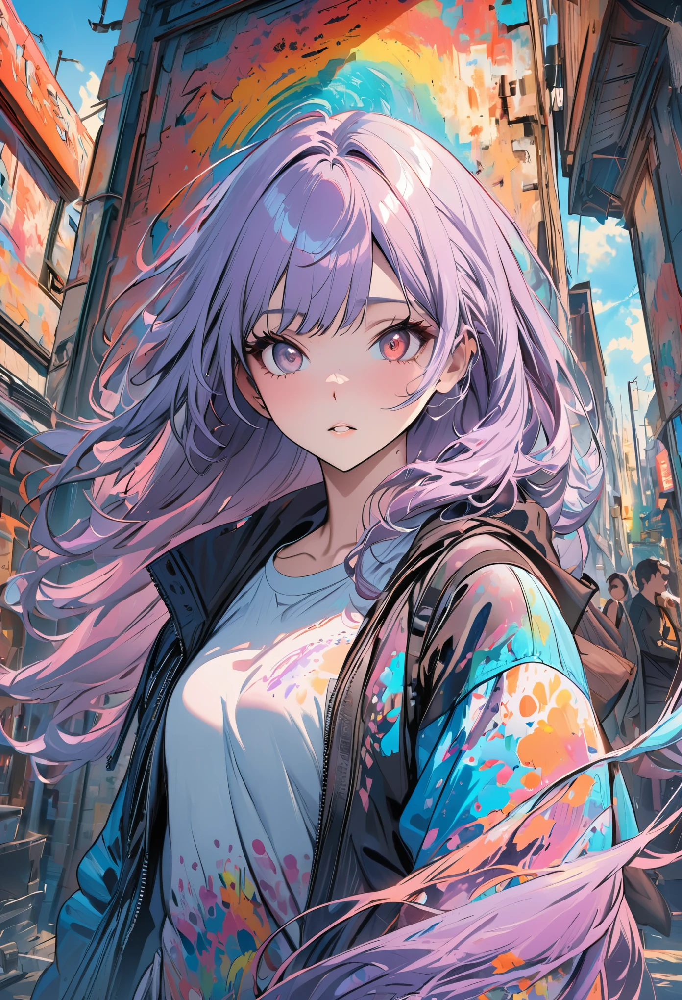 (best quality:1) , (masterpiece:1), (super detailed:1), 1 girl, (Julia Birch:1.4), 1 girl, (cover art, Abstract, Surrealism, comics, hair too long:1.3), (silver and colored hair, Red eyes:1.2), (Graffiti, street:1.1)
